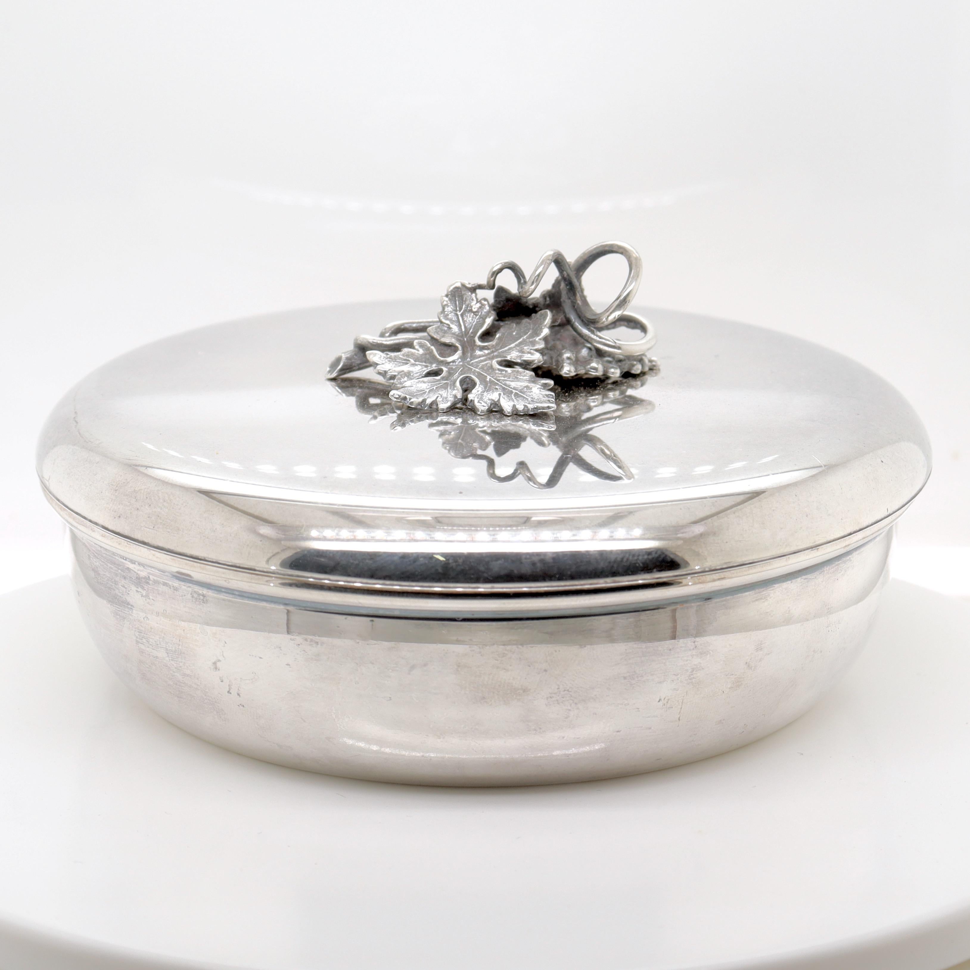 Modern Vintage Buccellati Sterling Silver Round Dresser Box with Grapes & Leaves Finial