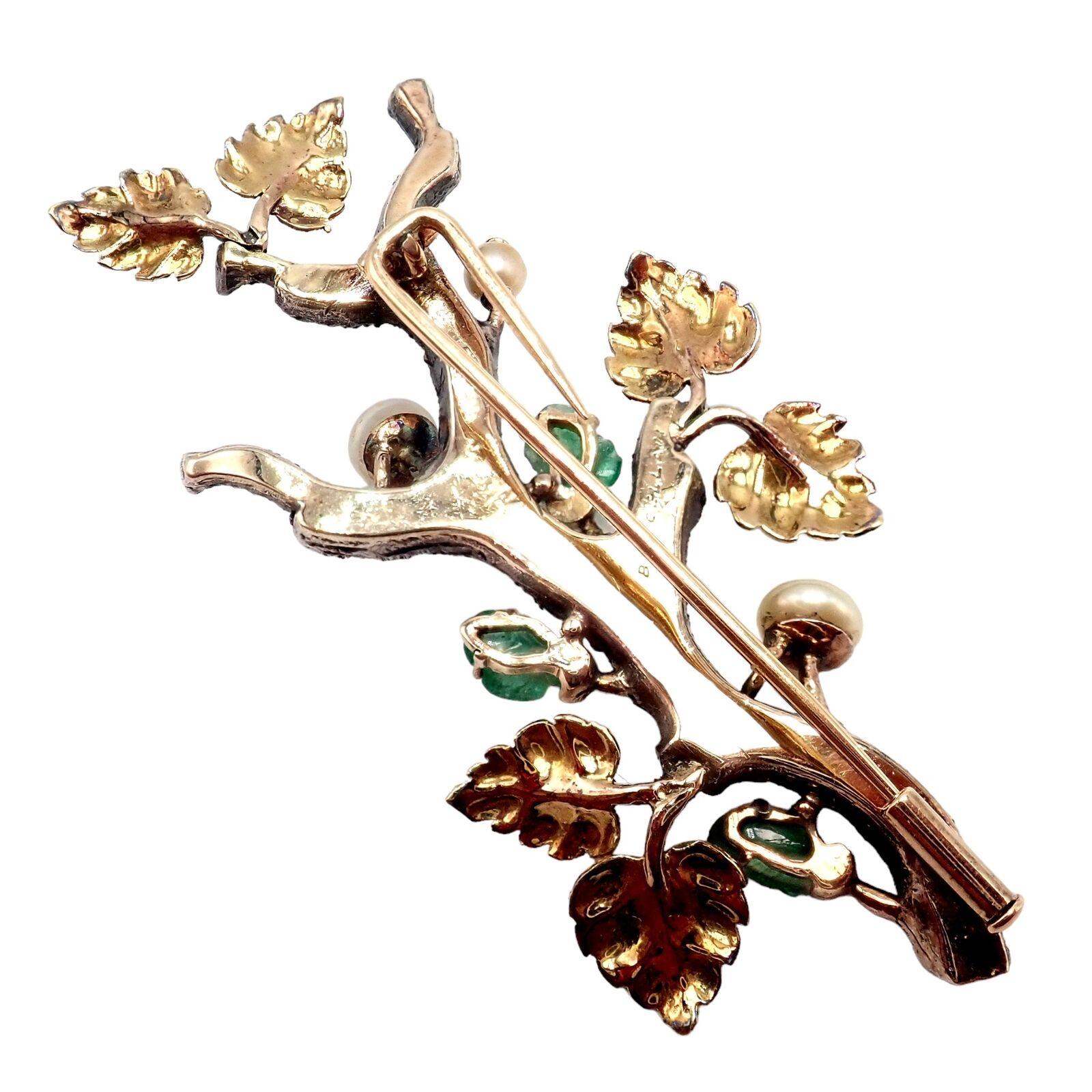Bead Vintage Buccellati Twig White And Yellow Gold Carved Emerald Pearl Brooch Pin For Sale