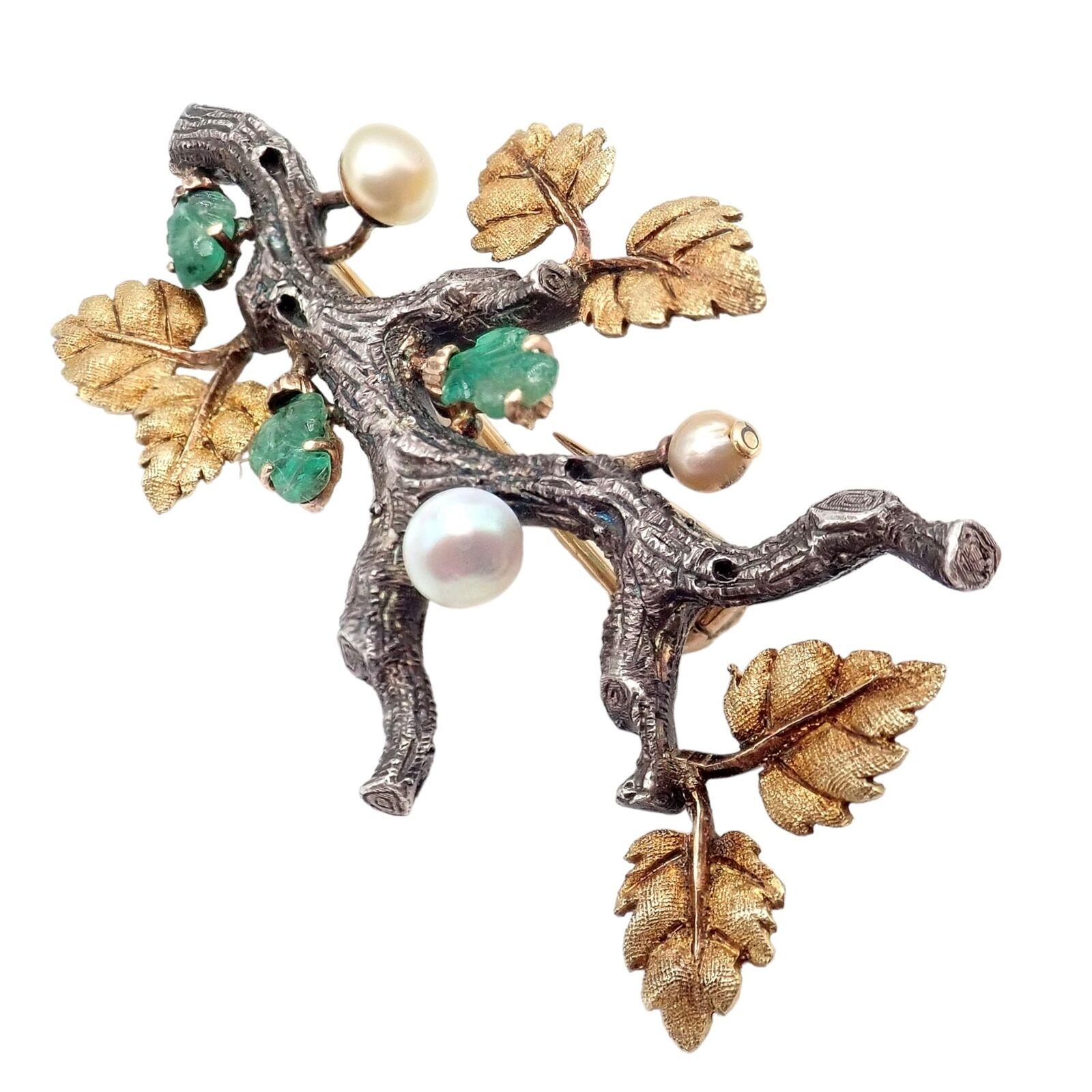 Women's or Men's Vintage Buccellati Twig White And Yellow Gold Carved Emerald Pearl Brooch Pin For Sale