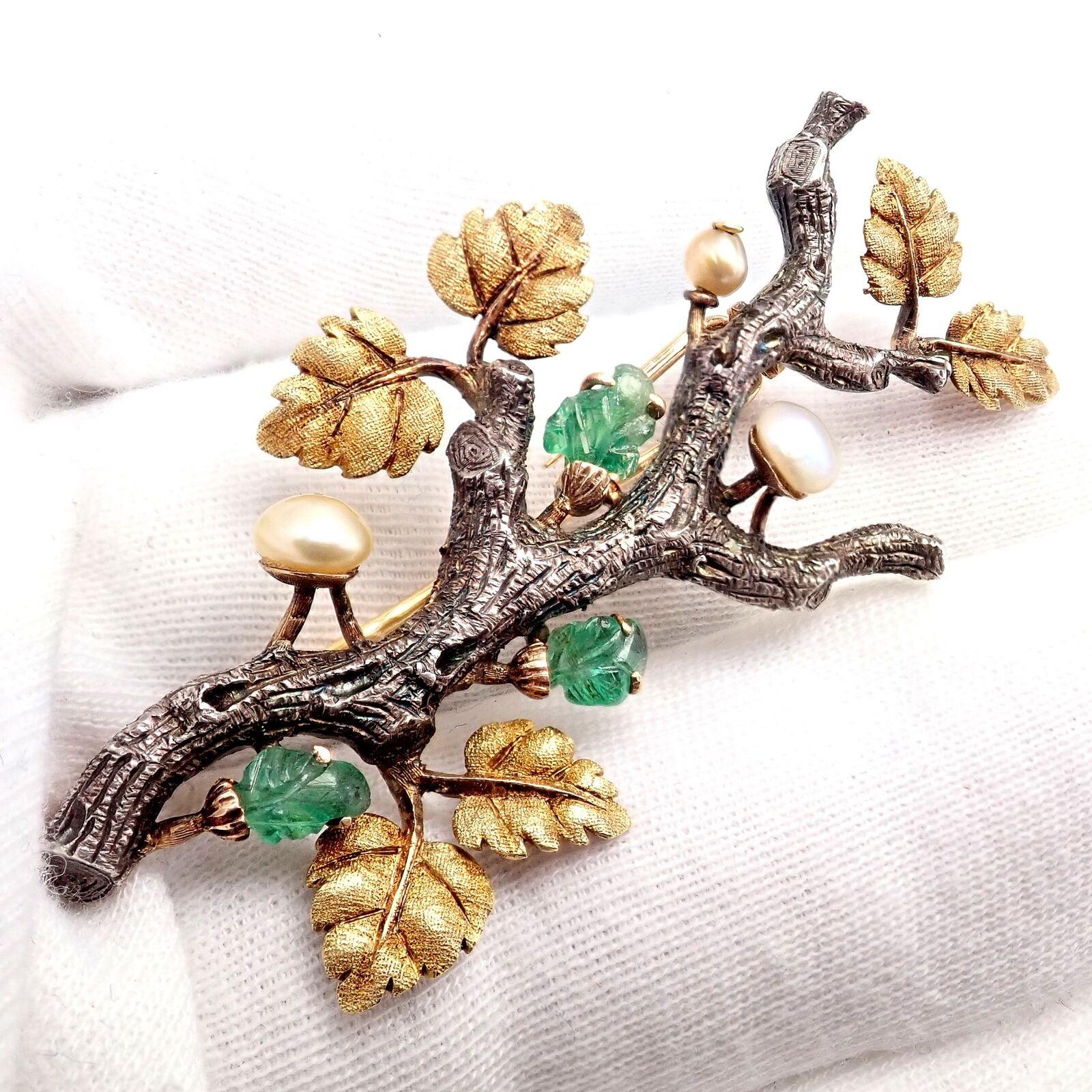 Vintage Buccellati Twig White And Yellow Gold Carved Emerald Pearl Brooch Pin For Sale 3