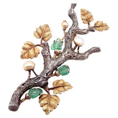 Buccellati Twig Weiß- und Gelbgold geschnitzte Smaragd-Perlenbrosche/Anstecknadel, Vintage