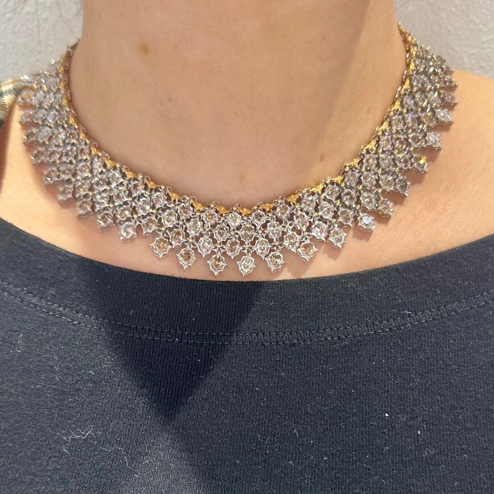 Round Cut Vintage Buccellati Unica Diamond Statement 18k White and Yellow Gold Necklace