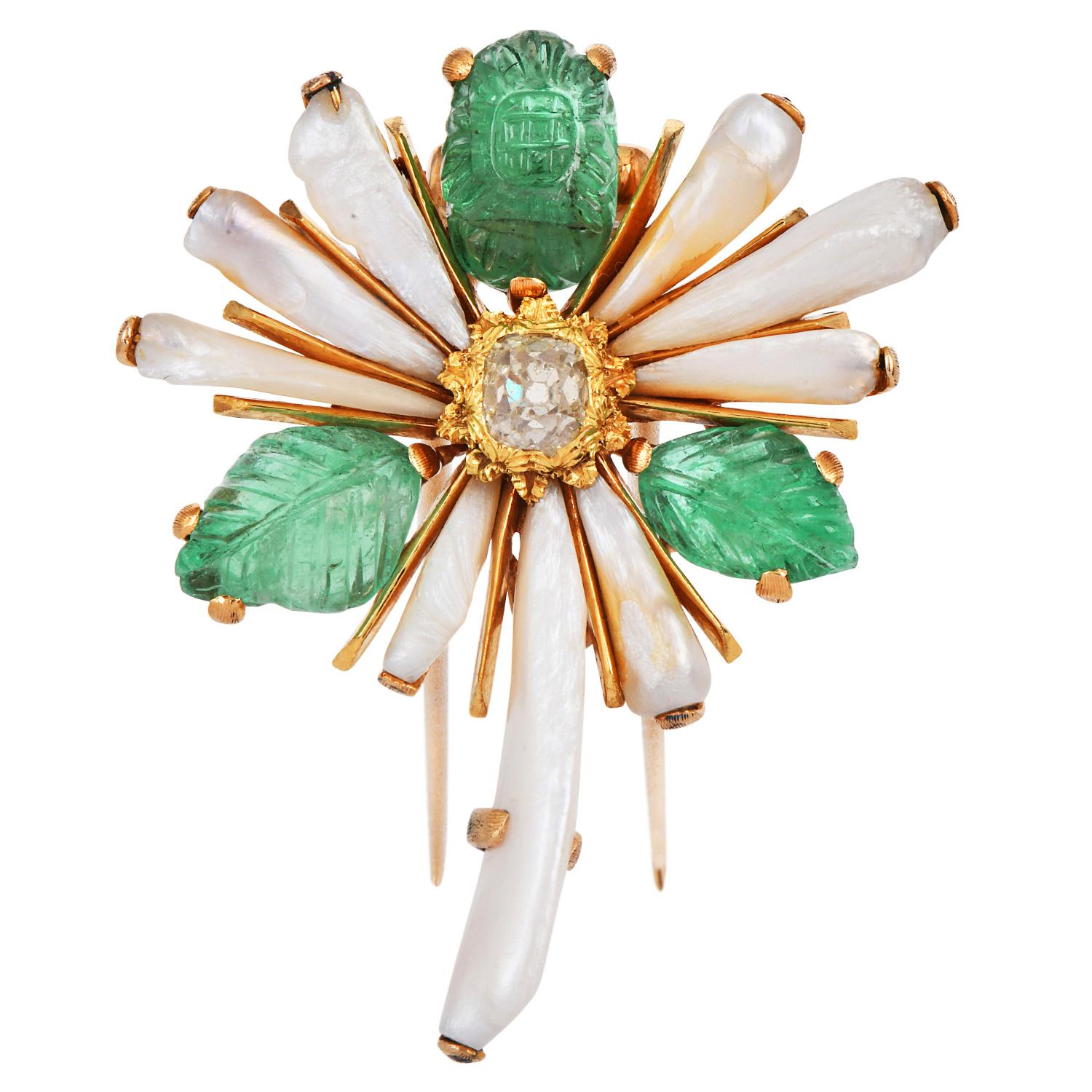 Retro Vintage Buccellati Yellow Diamond Emerald Gold Flower Brooch Pin  For Sale