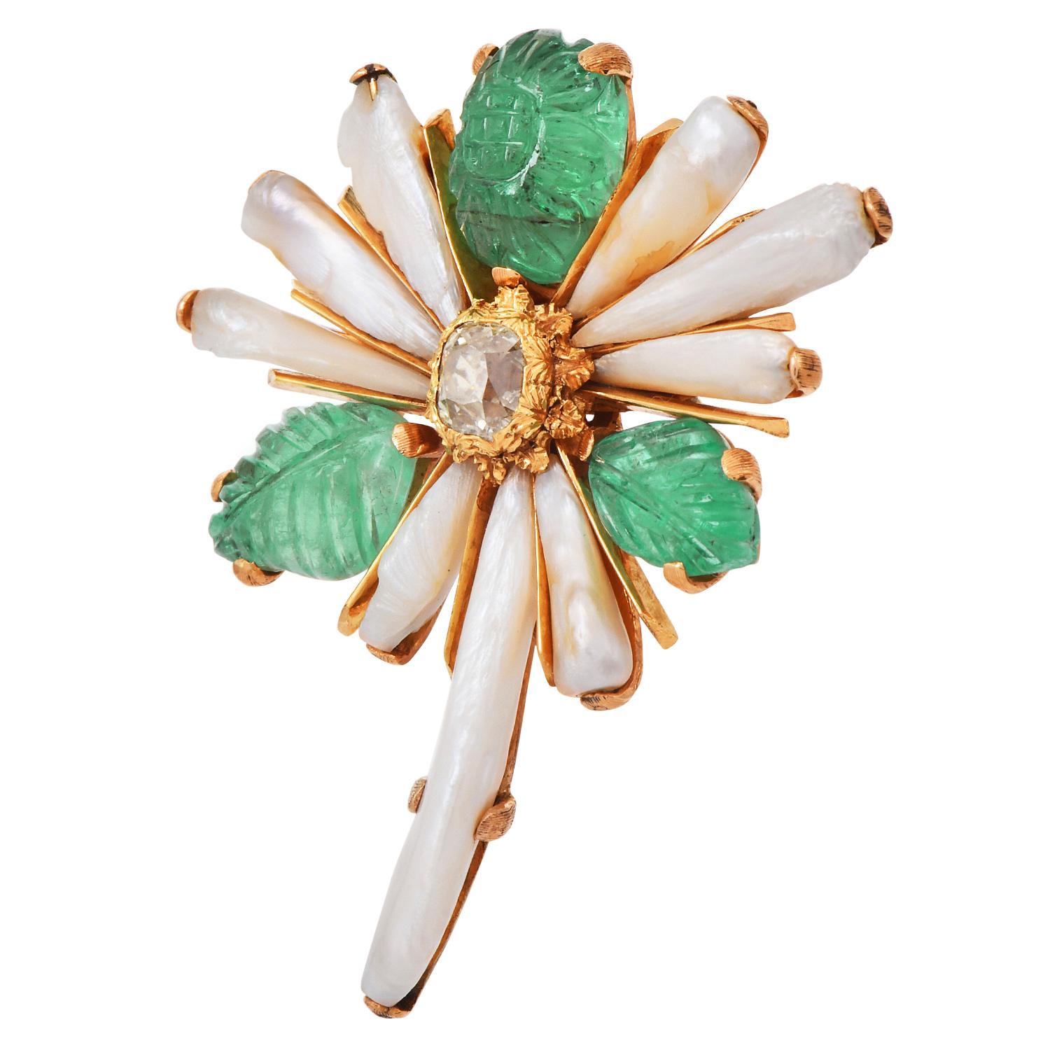 Emerald Cut Vintage Buccellati Yellow Diamond Emerald Gold Flower Brooch Pin  For Sale