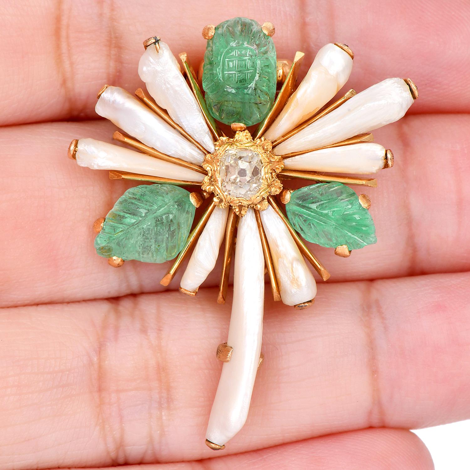 Vintage Buccellati Yellow Diamond Emerald Gold Flower Brooch Pin  For Sale 1