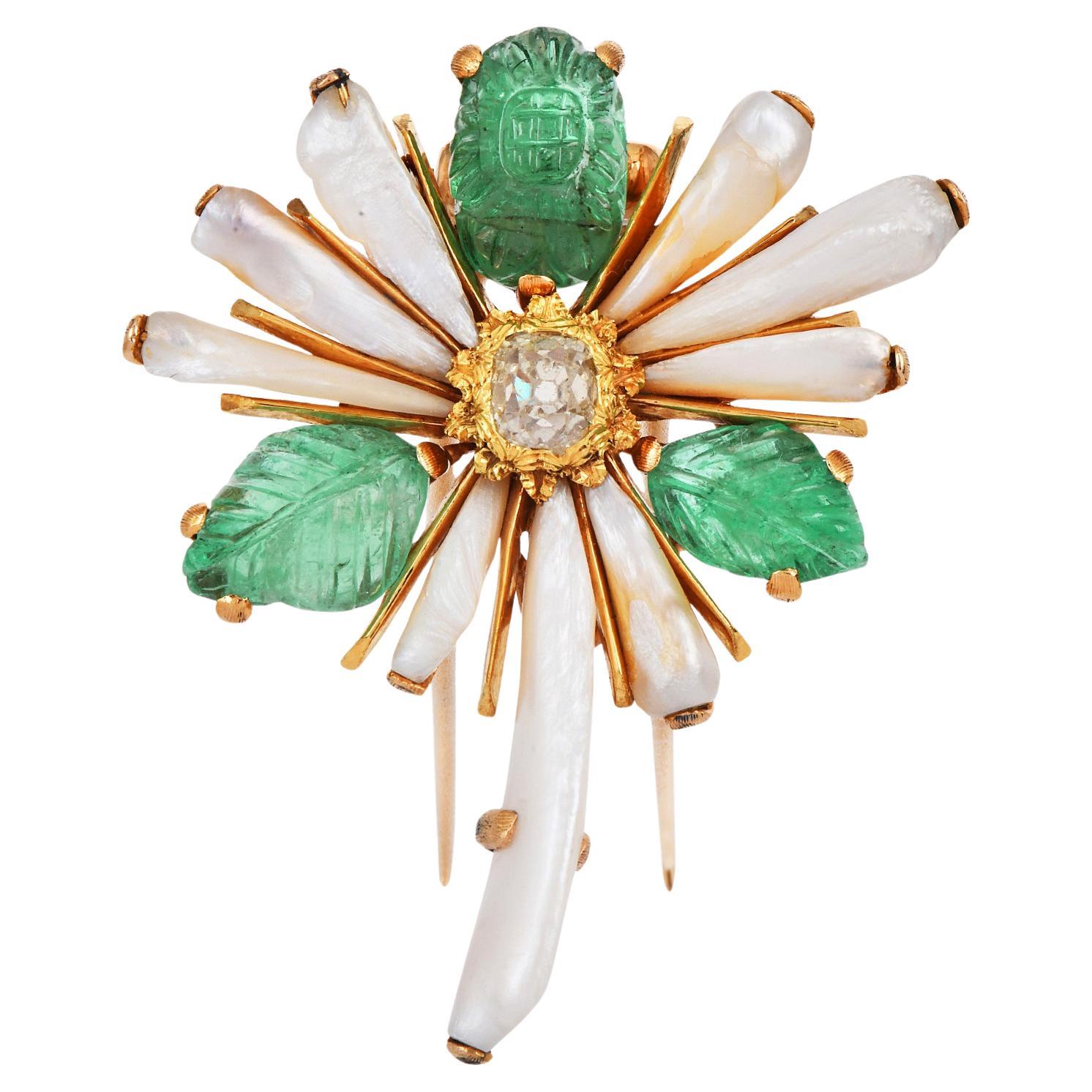 Vintage Buccellati Yellow Diamond Emerald Gold Flower Brooch Pin  For Sale
