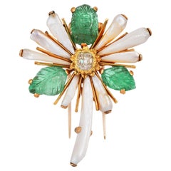 Vintage Buccellati Yellow Diamond Emerald Gold Flower Brooch Pin