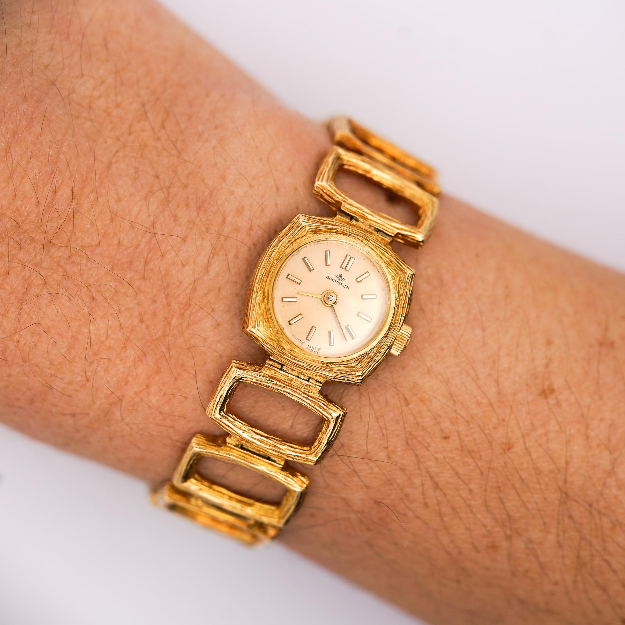 Vintage Bucherer 18K Gold Ladies Textured Square Link Bracelet Watch 5