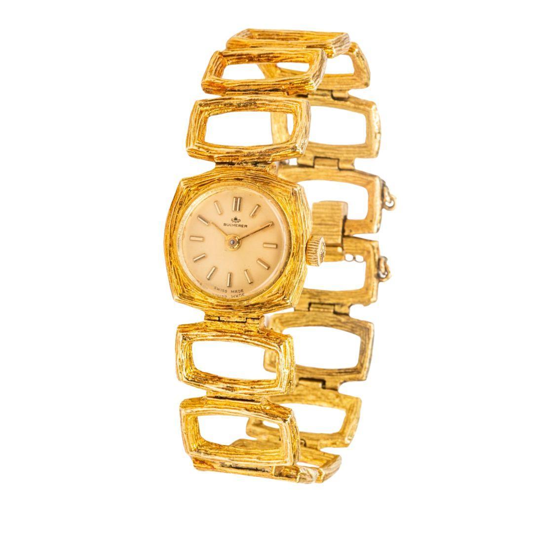 Vintage Bucherer 18K Gold Ladies Textured Square Link Bracelet Watch 6