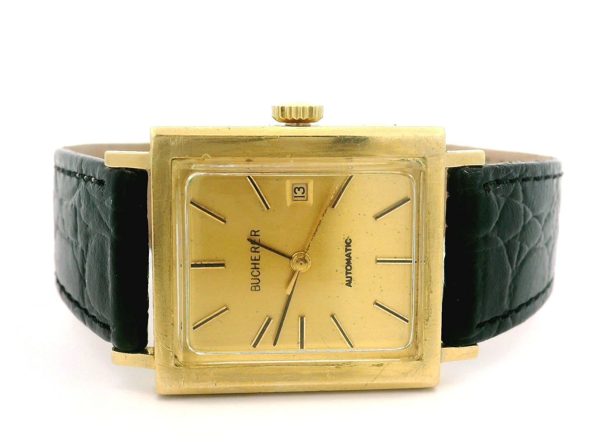 Vintage Bucherer 18k Yellow Gold 26mm Rectangular Mechanical Automatic Watch für Damen oder Herren im Angebot
