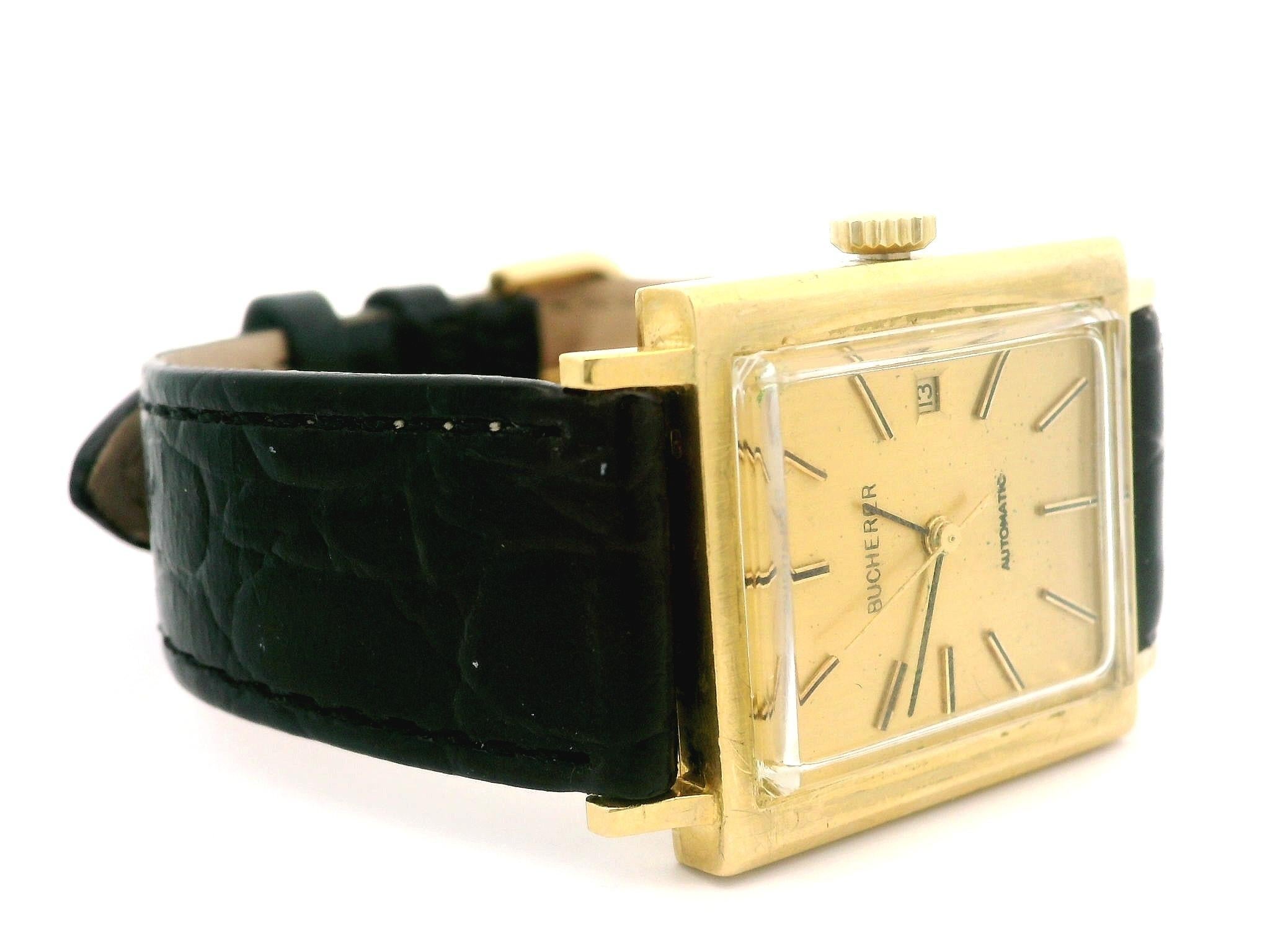 Vintage Bucherer 18k Yellow Gold 26mm Rectangular Mechanical Automatic Watch im Angebot 1