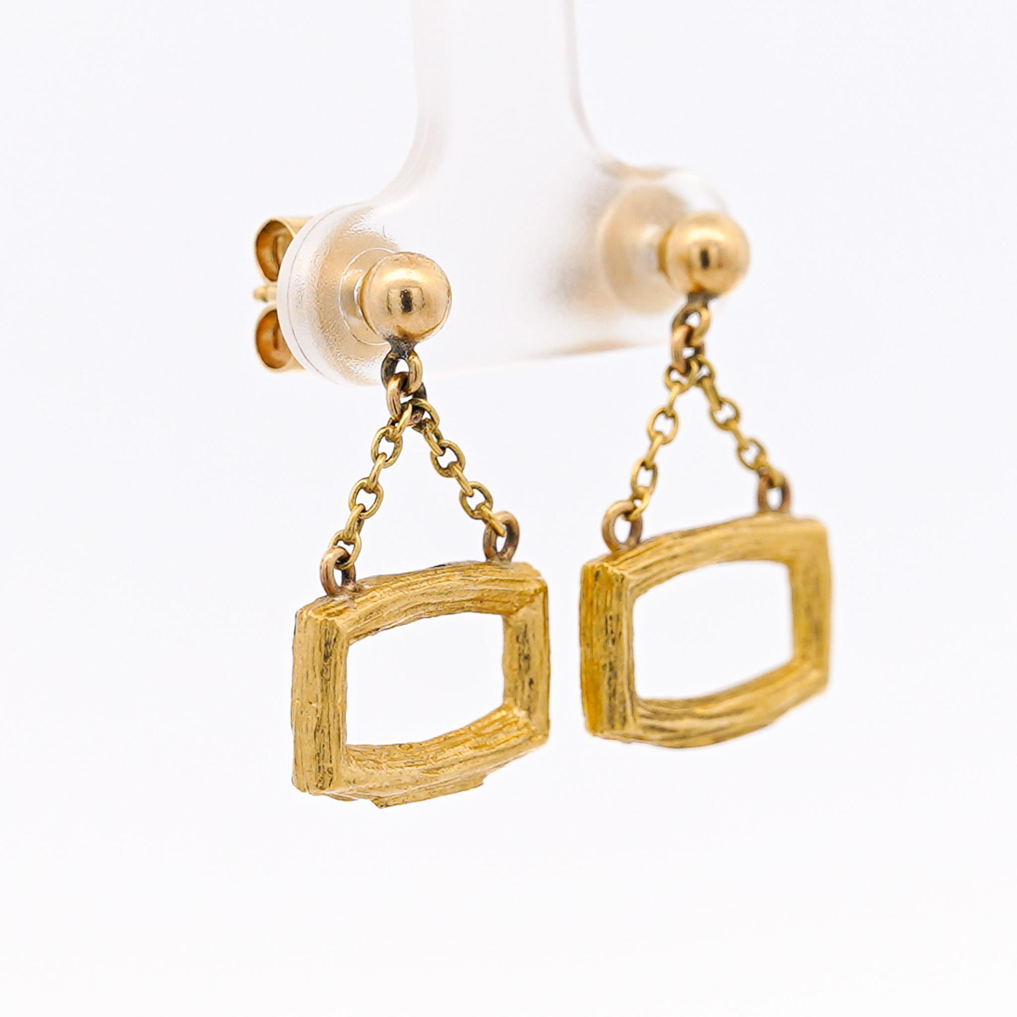 Baroque Vintage Bucherer 18K Yellow Gold Brushed Finish Dangle Earrings For Sale