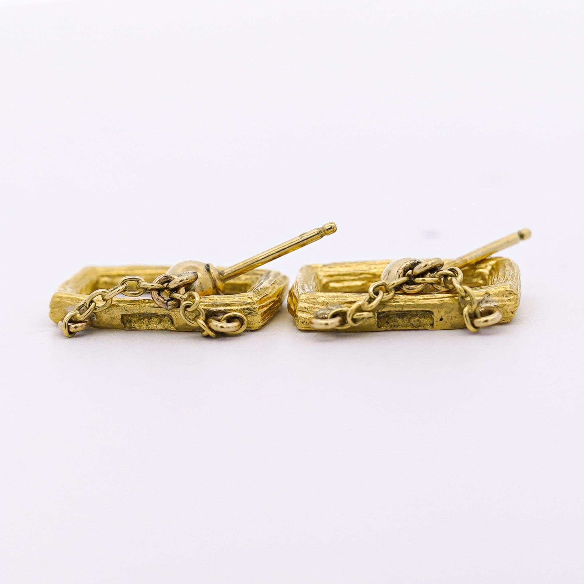 Women's Vintage Bucherer 18K Yellow Gold Brushed Finish Dangle Earrings For Sale