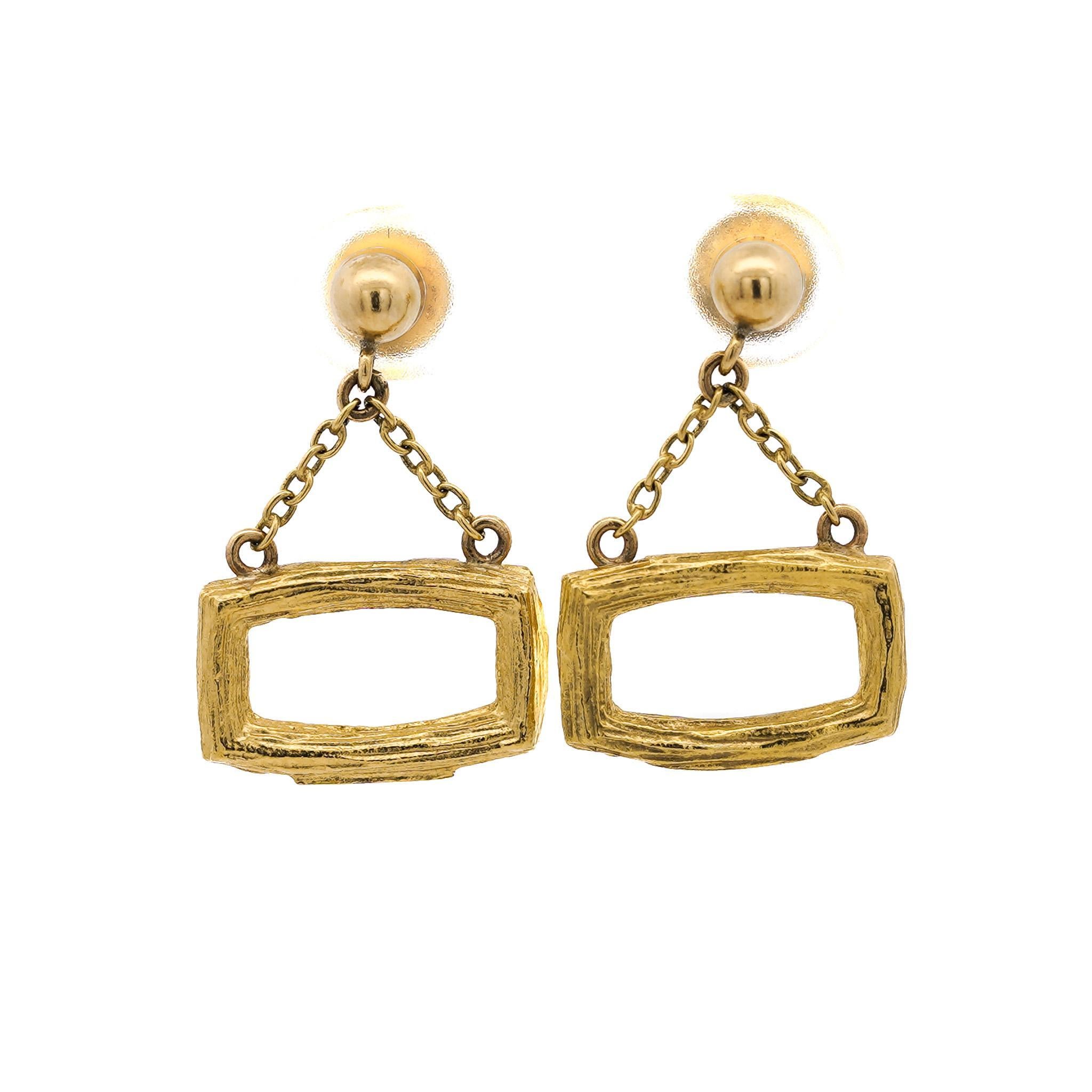 Vintage Bucherer 18K Yellow Gold Brushed Finish Dangle Earrings For Sale 1