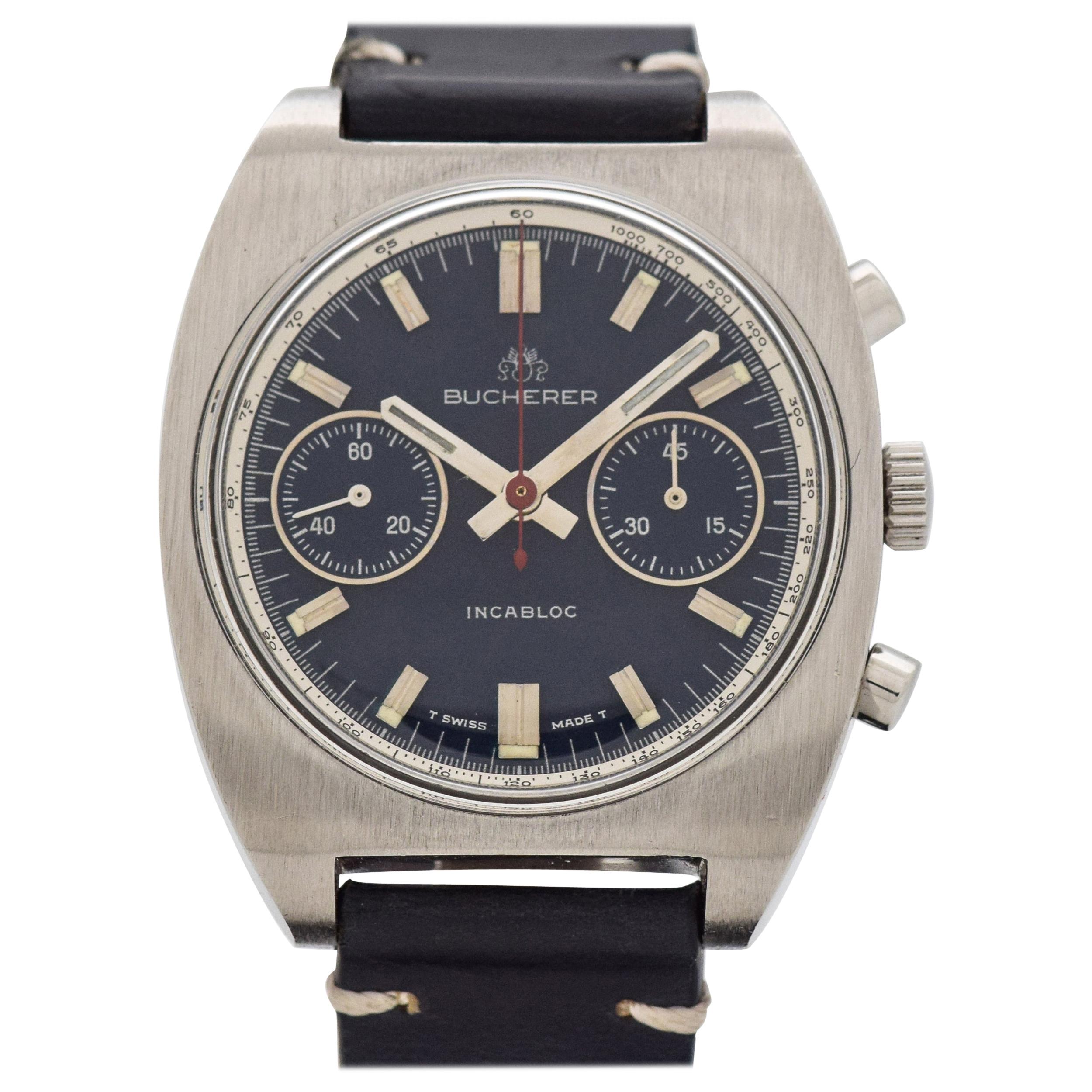 Vintage Bucherer 2-Register Stainless Steel Chronograph Watch, 1970s For Sale