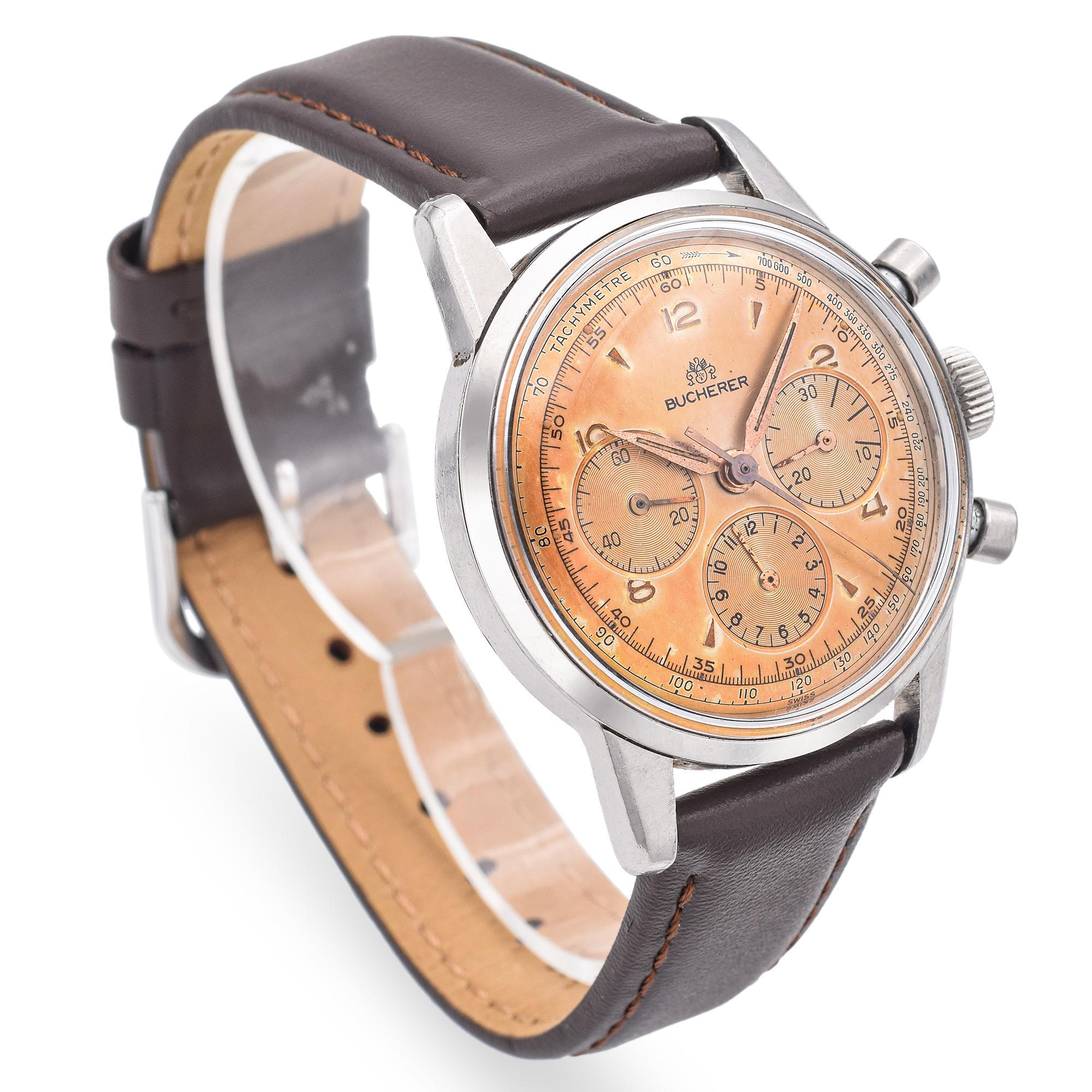 Vintage Bucherer Chronograph Hand Wind Men's Watch Lemania 1280 In Good Condition For Sale In New York, NY