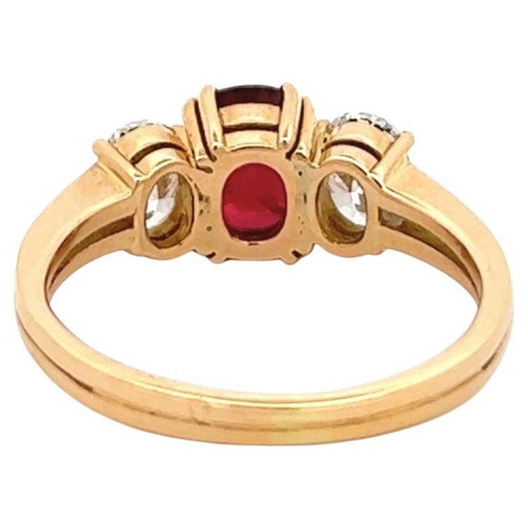 Vintage Bucherer GIA Thailand Ruby Diamond 18 Karat Yellow Gold Three Stone Ring 1