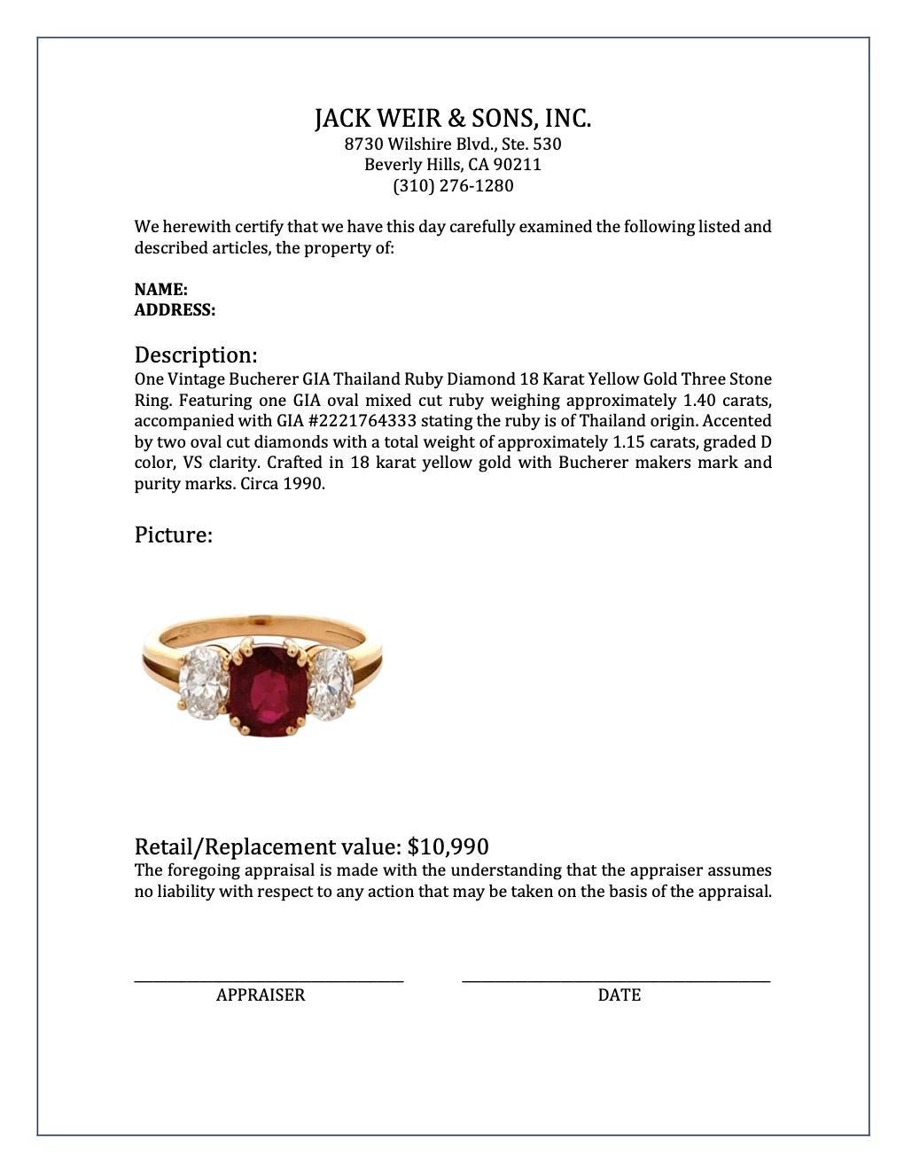 Vintage Bucherer GIA Thailand Ruby Diamond 18 Karat Yellow Gold Three Stone Ring 3