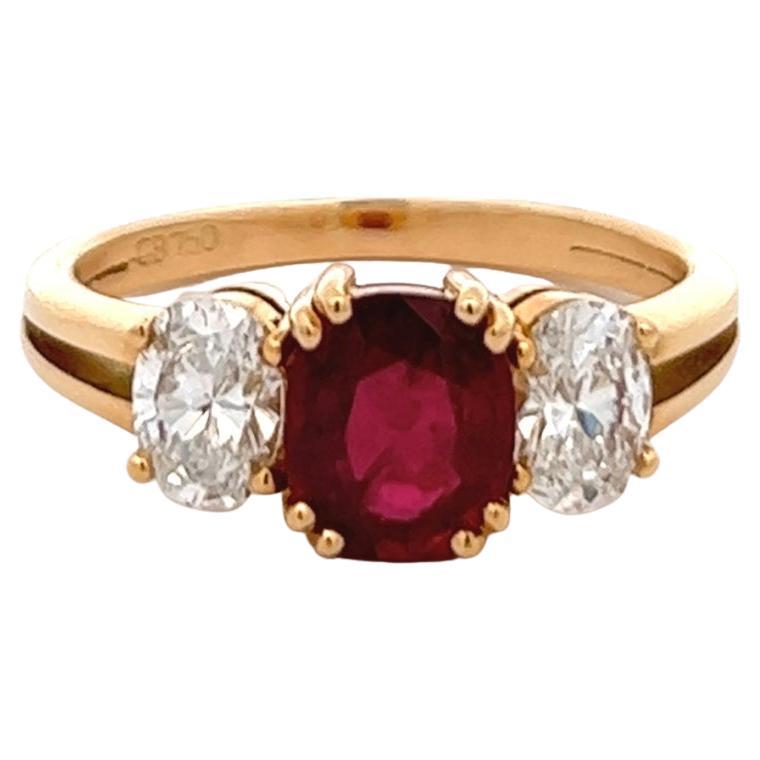 Vintage Bucherer GIA Thailand Ruby Diamond 18 Karat Yellow Gold Three Stone Ring