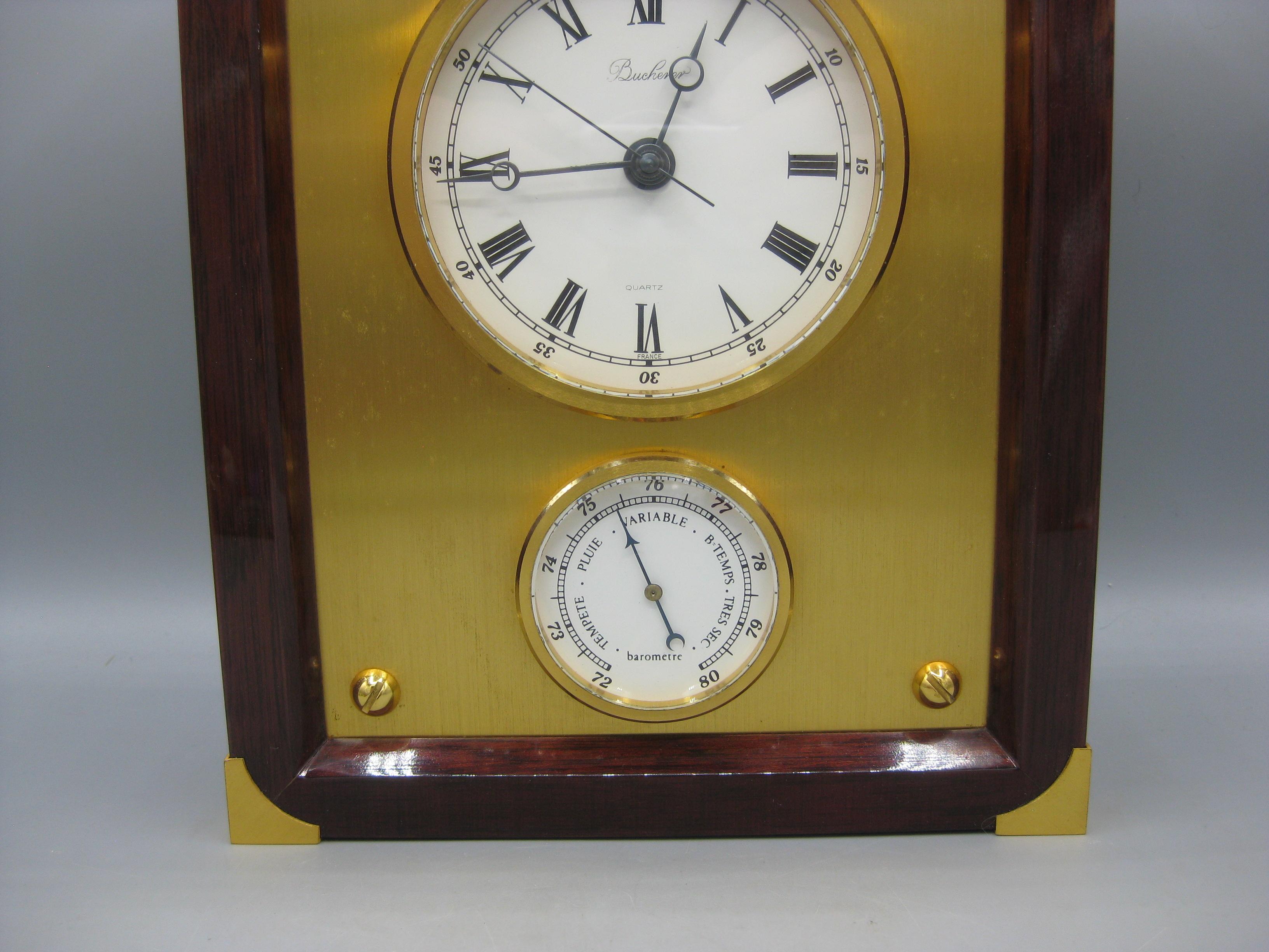 Francese Orologio da tavolo Bucherer d'epoca in palissandro e ottone con barometro Made in France in vendita