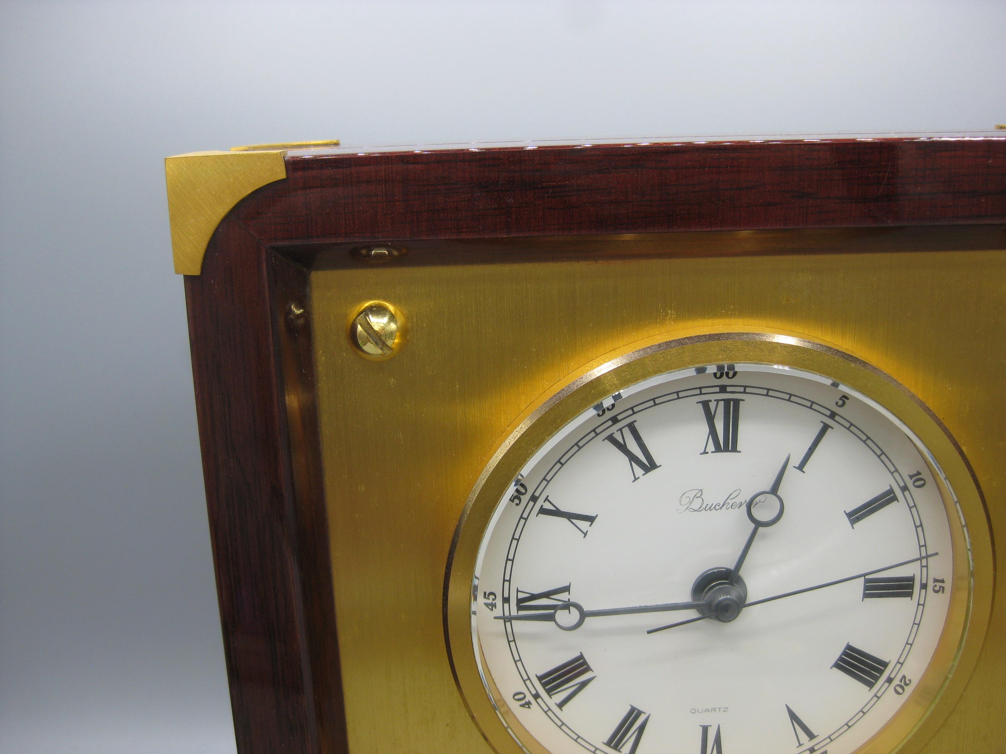 Orologio da tavolo Bucherer d'epoca in palissandro e ottone con barometro Made in France In condizioni buone in vendita a San Diego, CA