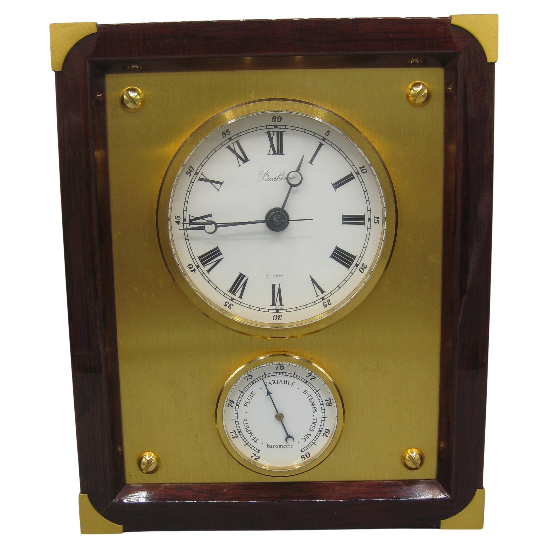 Vintage Bucherer Rosewood & Brass Desk Mantle Clock w/Barometer Made in France
