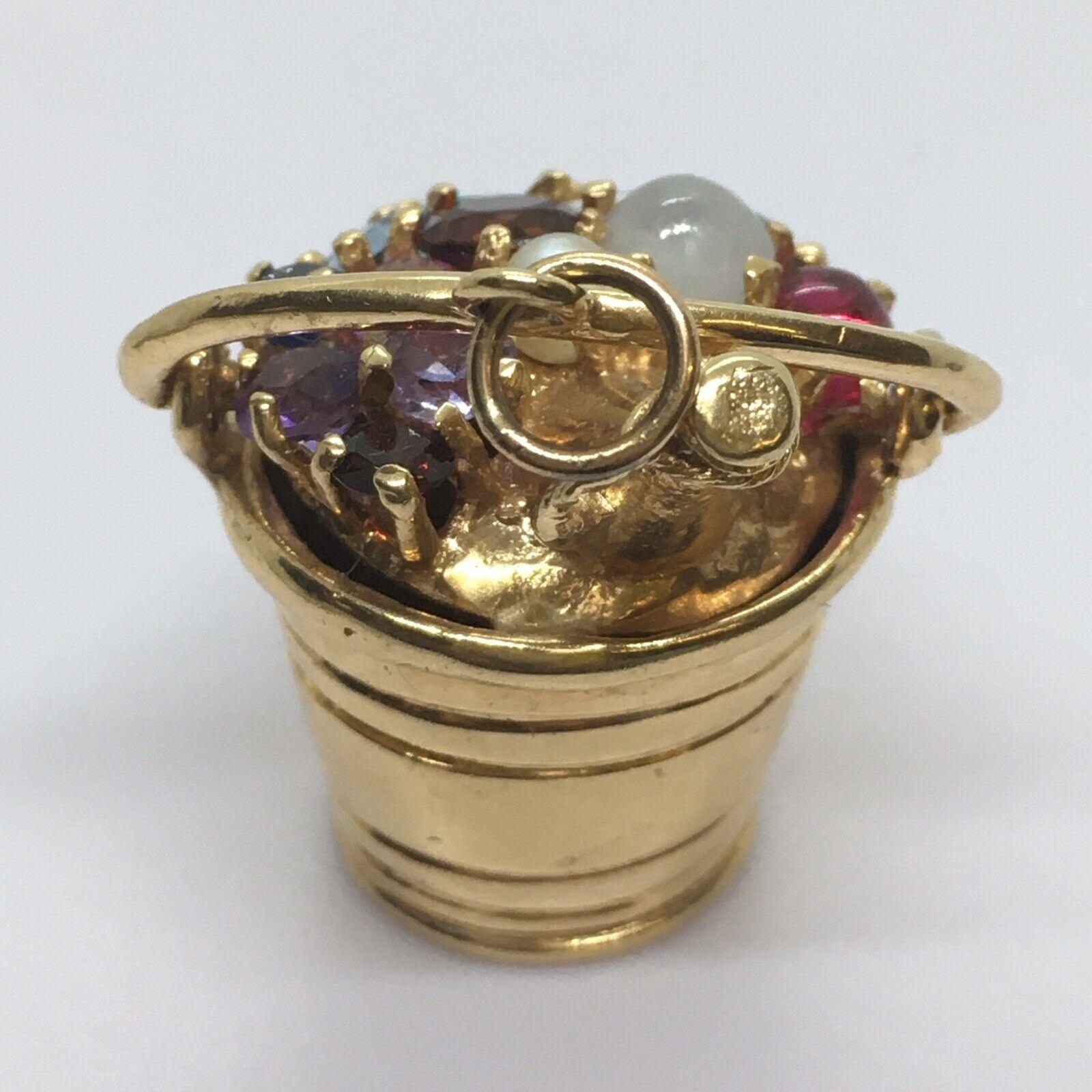 Cabochon Vintage Bucket Of Champagne Charm 14K Gold Circa 1960s American Gem set Ruby For Sale