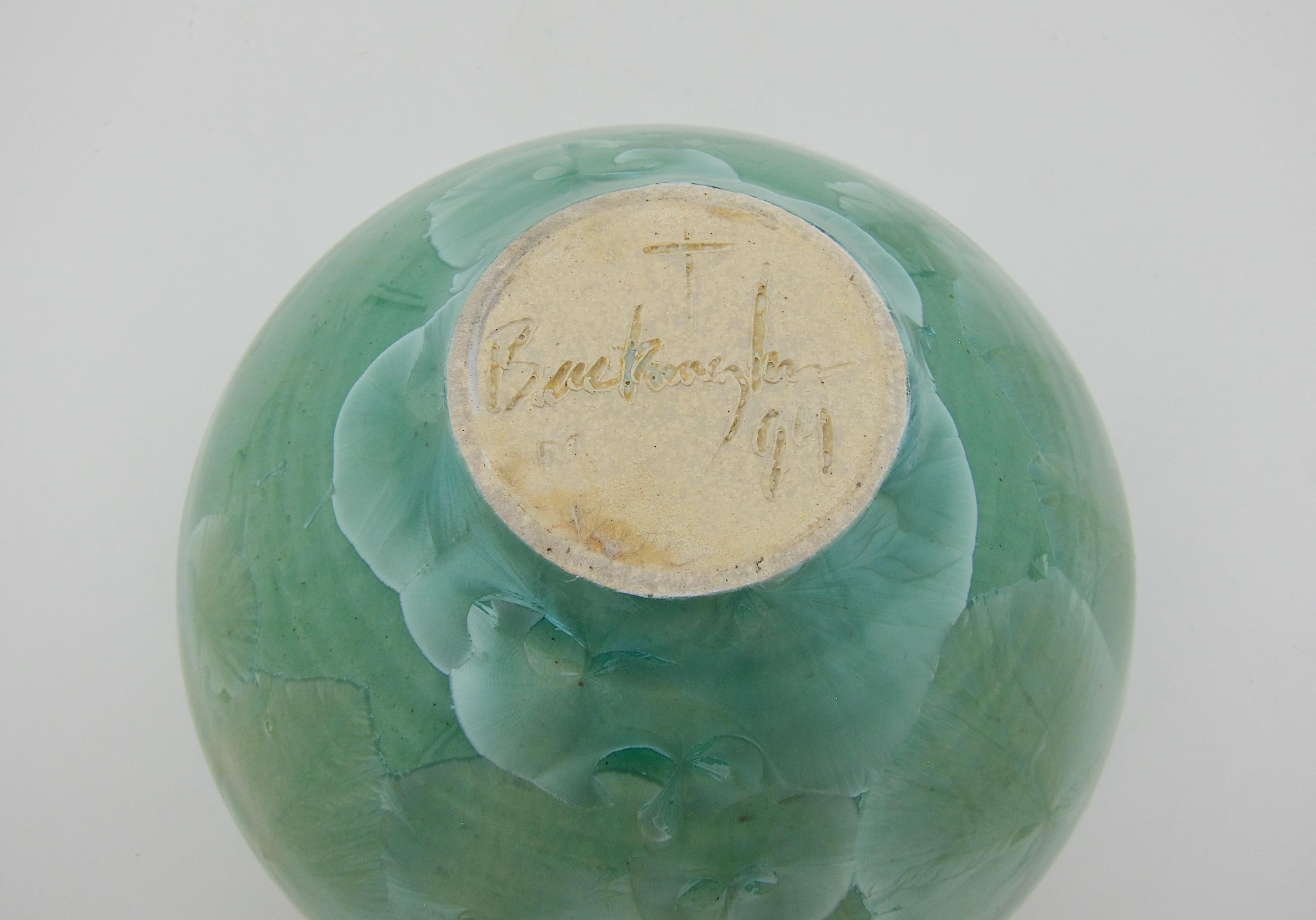 Vintage Buckingham Art Pottery Vase with Green Crystalline Glaze, 1994 3