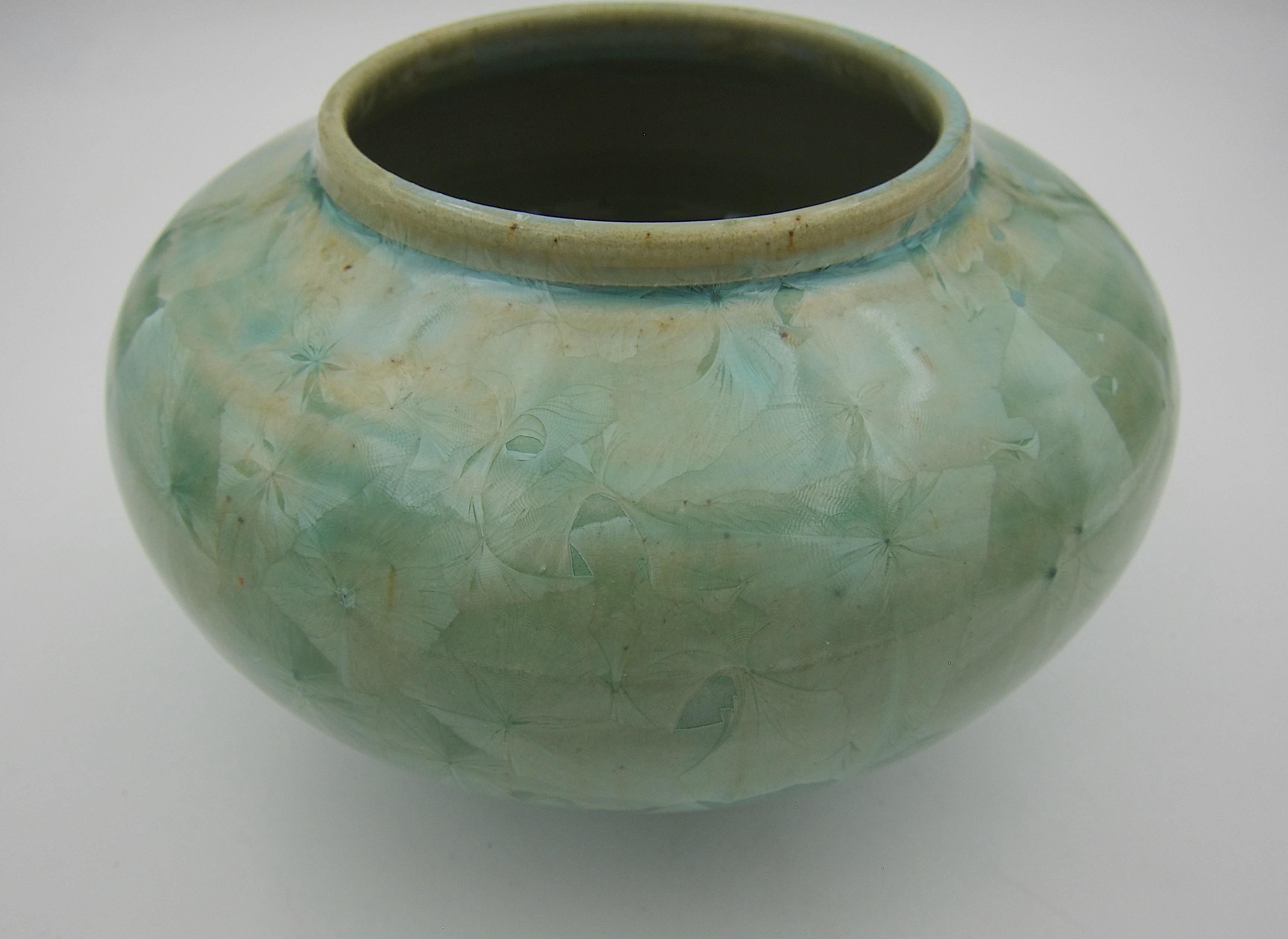 Glazed Vintage Buckingham Art Pottery Vase with Green Crystalline Glaze, 1994