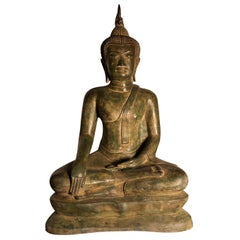 Vintage Buddha Calling Earth to Witness Downcast Eyes:: Thailand Cast Bronze