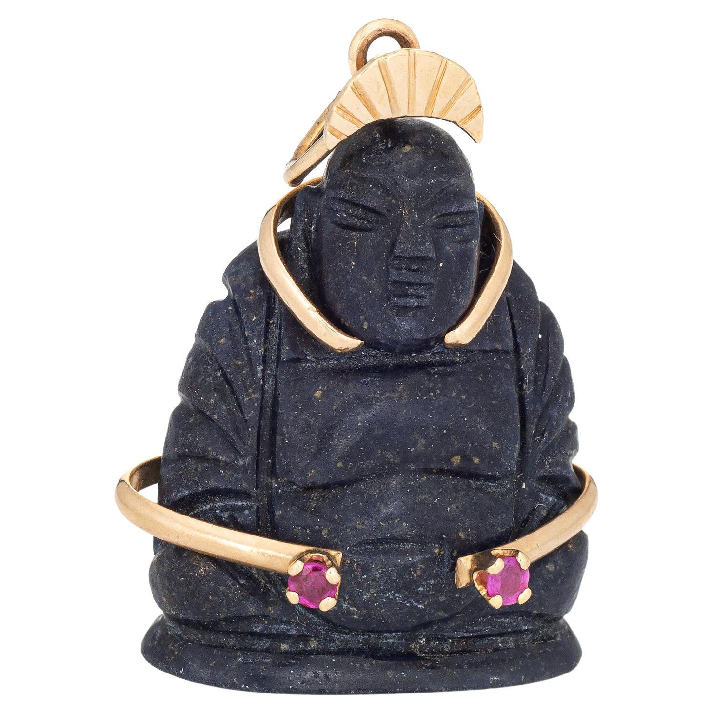 Vintage Buddha Pendant Lapis Lazuli Ruby 14k Yellow Gold Estate Fine Jewelry