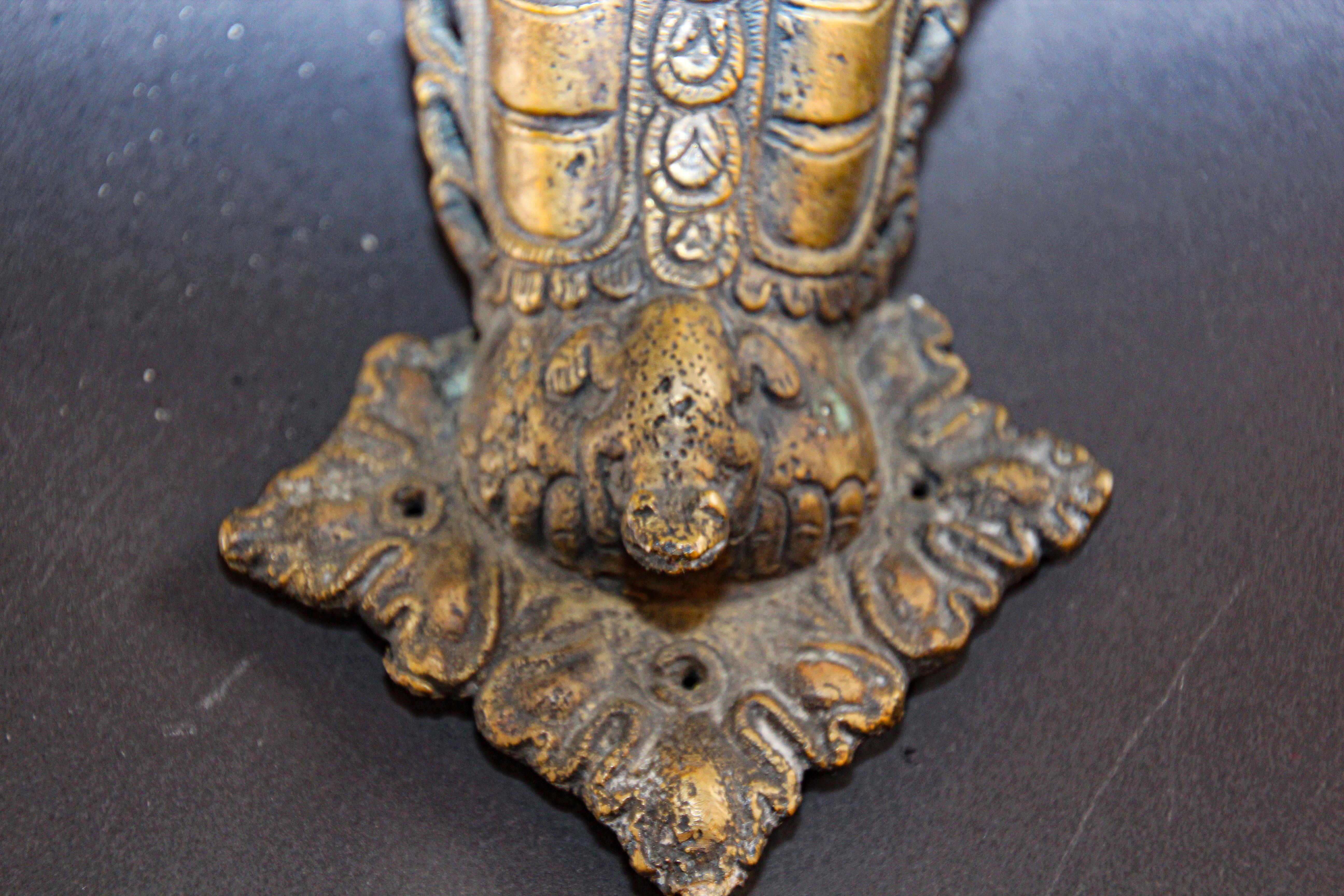 Nepalese Vintage Buddhist Bronze Protector Deity Statue Door Handle For Sale