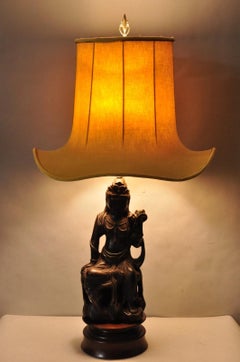 Vintage Buddhist Kuan Yin Brown Ceramic Sculpture Figure Table Lamp w/ Shade