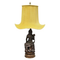 Vintage Buddhist Kuan Yin Brown Ceramic Sculpture Figure Table Lamp w/ Shade