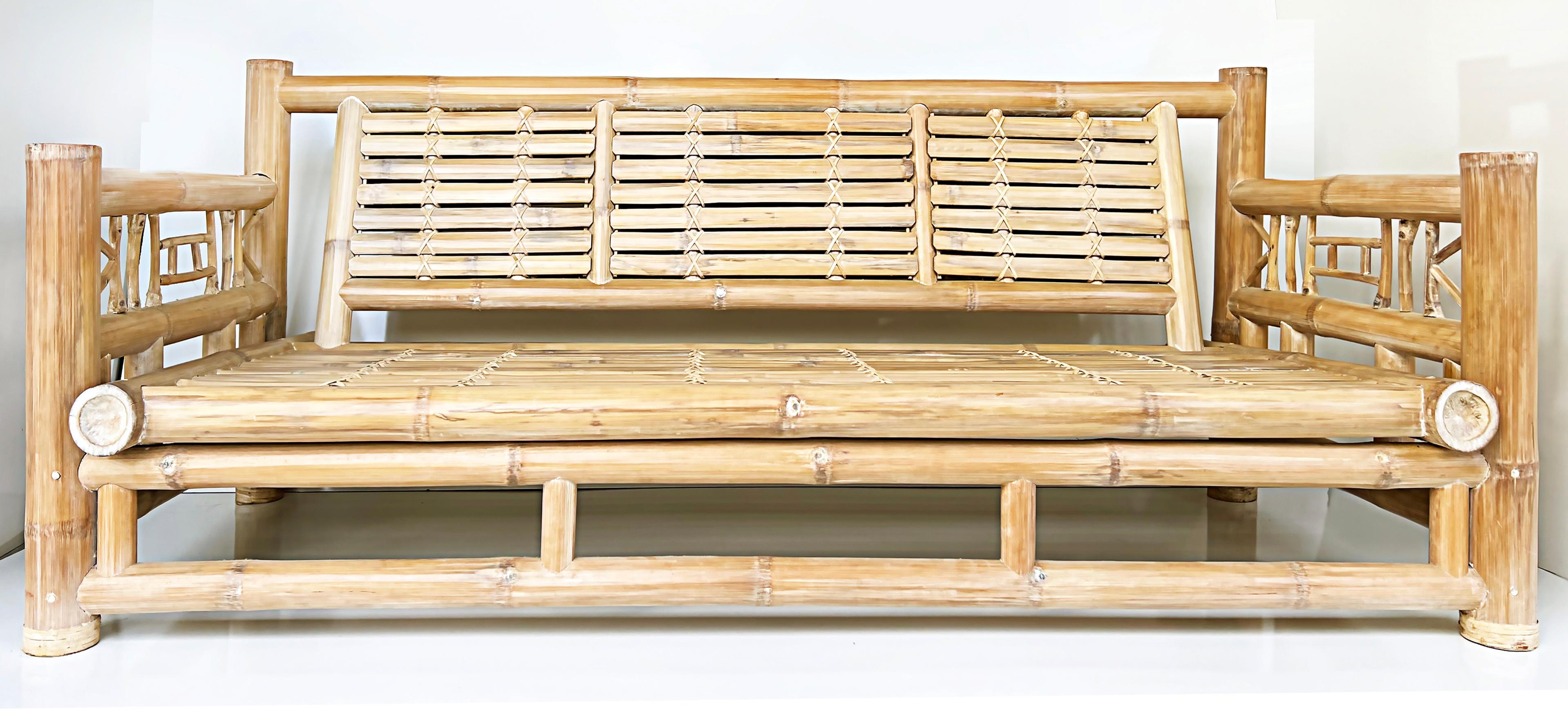 
Vintage Budji Layug Style Vintage Coastal Bamboo Sofa


Offered for sale is a vintage Coastal bamboo sofa in the manner of Antonio Budji Layug. The frame has a white-washed bamboo finish. The sofa does not have any cushions and can be fitted as