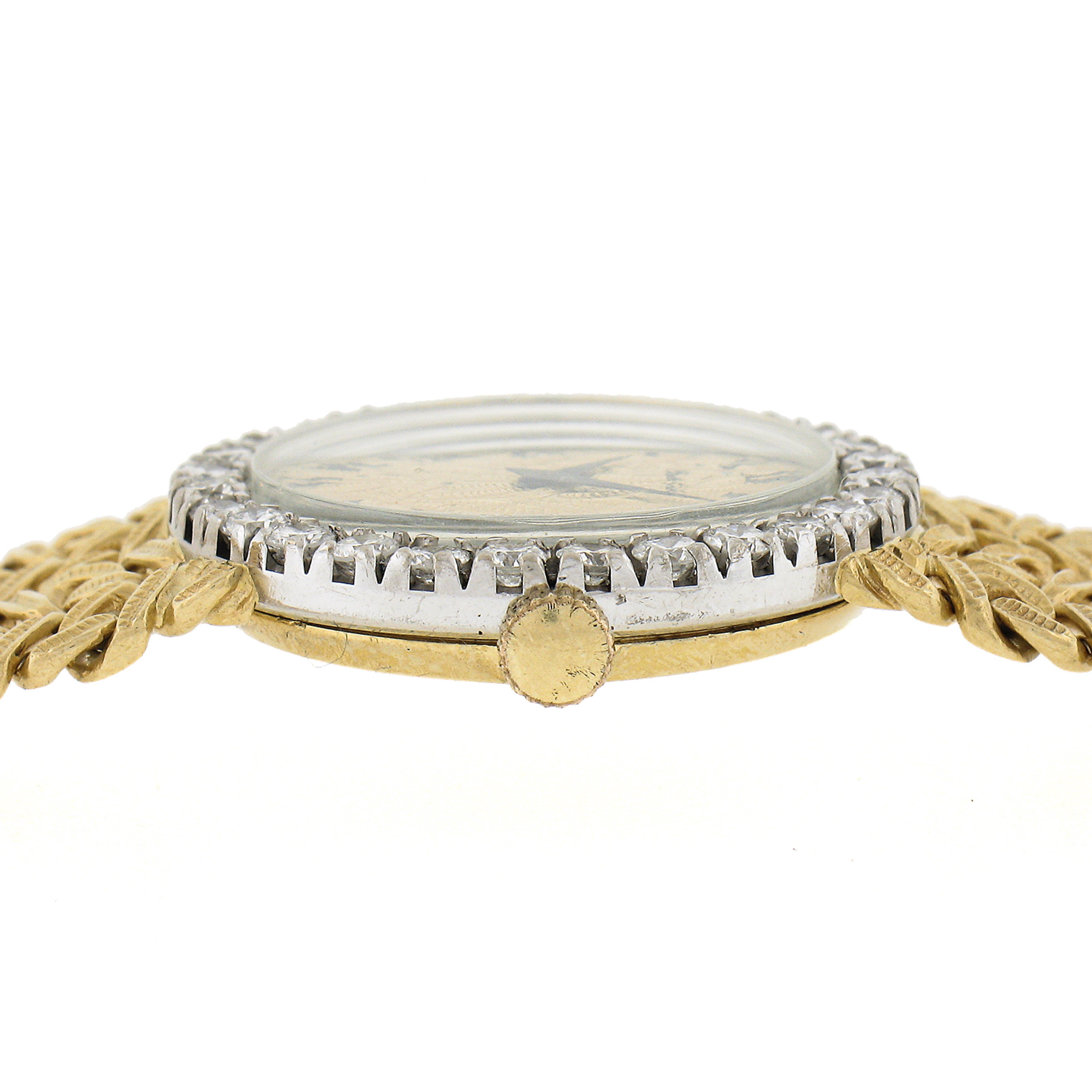Vintage Bueche Girod 18k Gold 17j Mechanical Round Diamond Wrist Watch Bracelet In Good Condition For Sale In Montclair, NJ