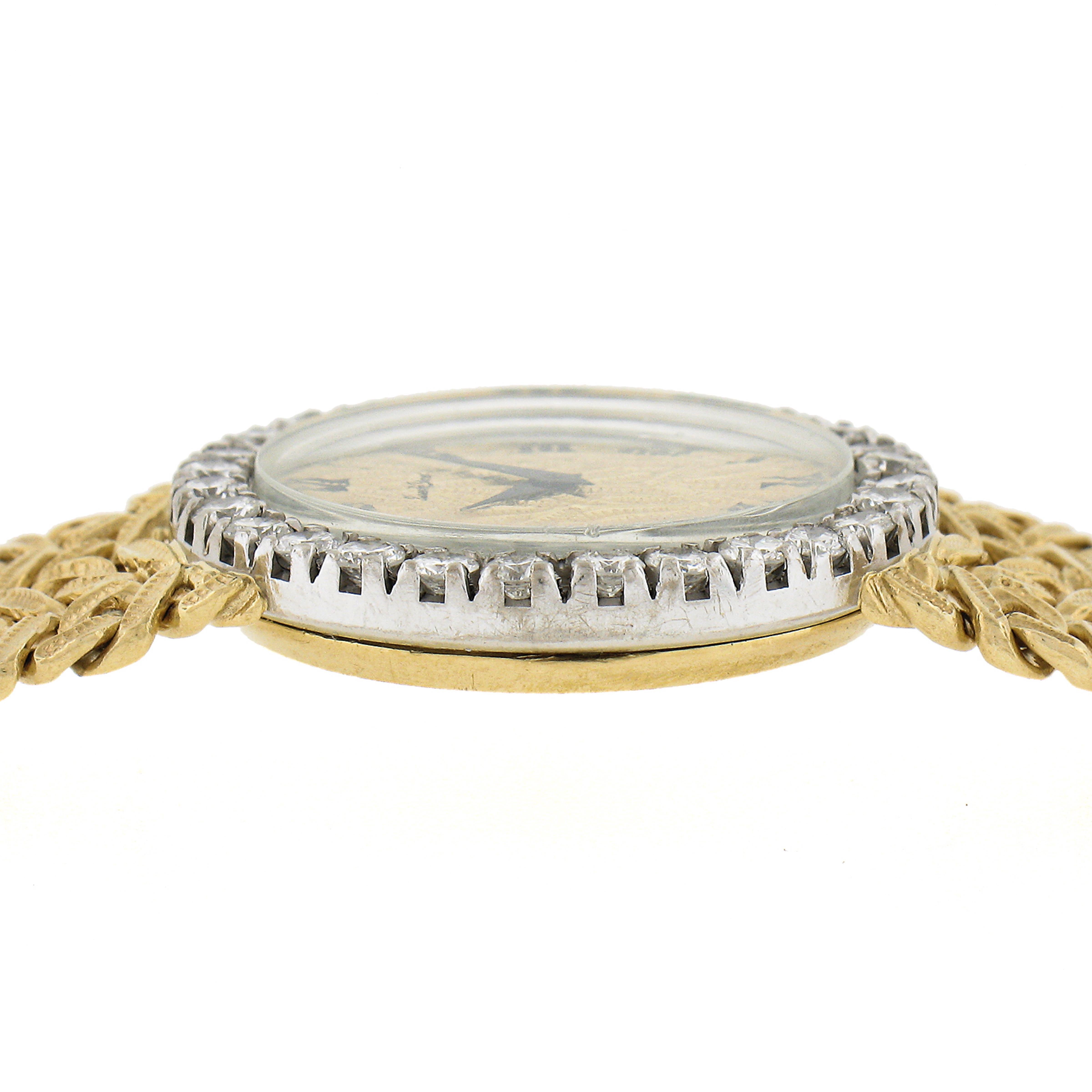 Vintage Bueche Girod 18k Gold 17j Mechanical Round Diamond Wrist Watch Bracelet For Sale 1