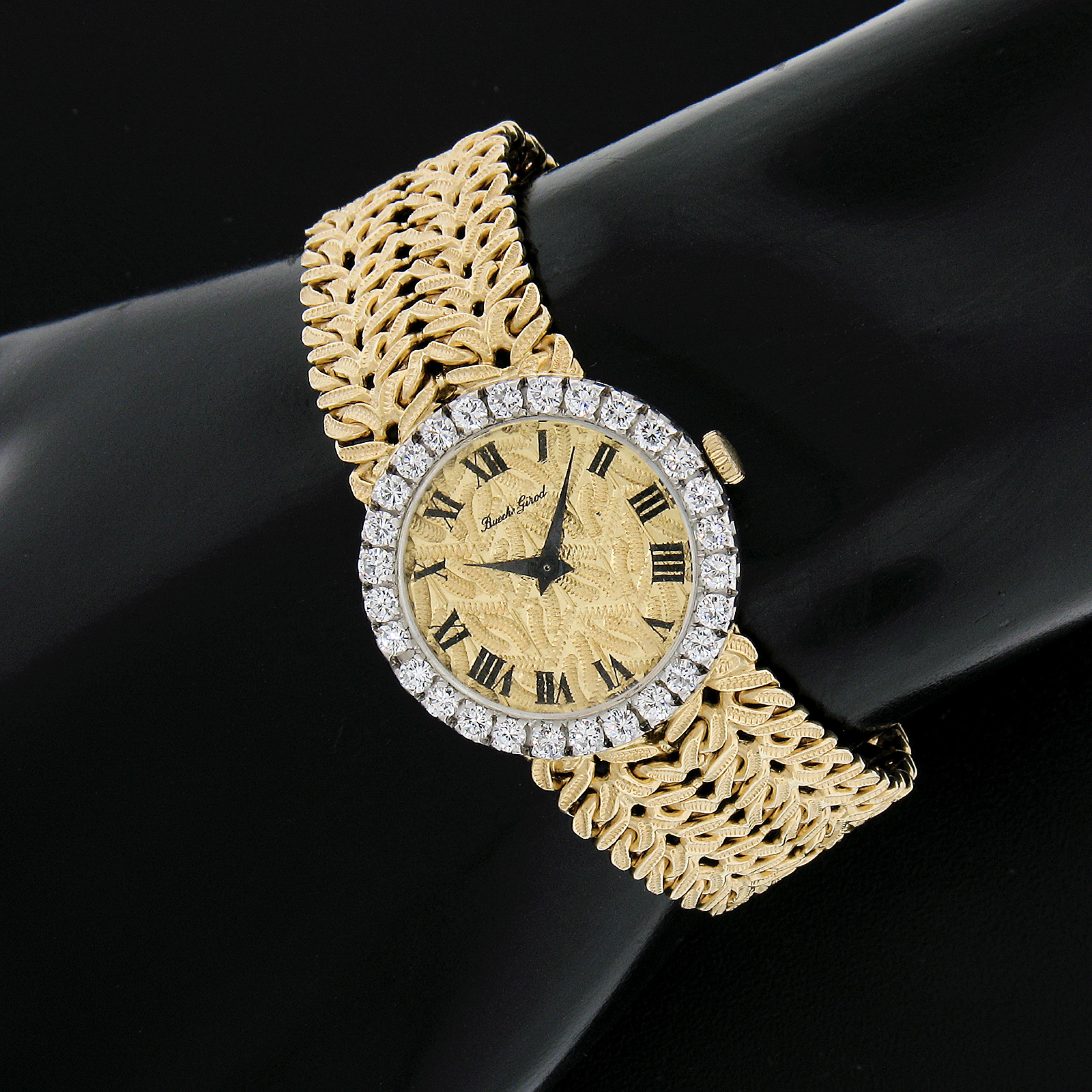 Vintage Bueche Girod 18k Gold 17j Mechanical Round Diamond Wrist Watch Bracelet For Sale 2