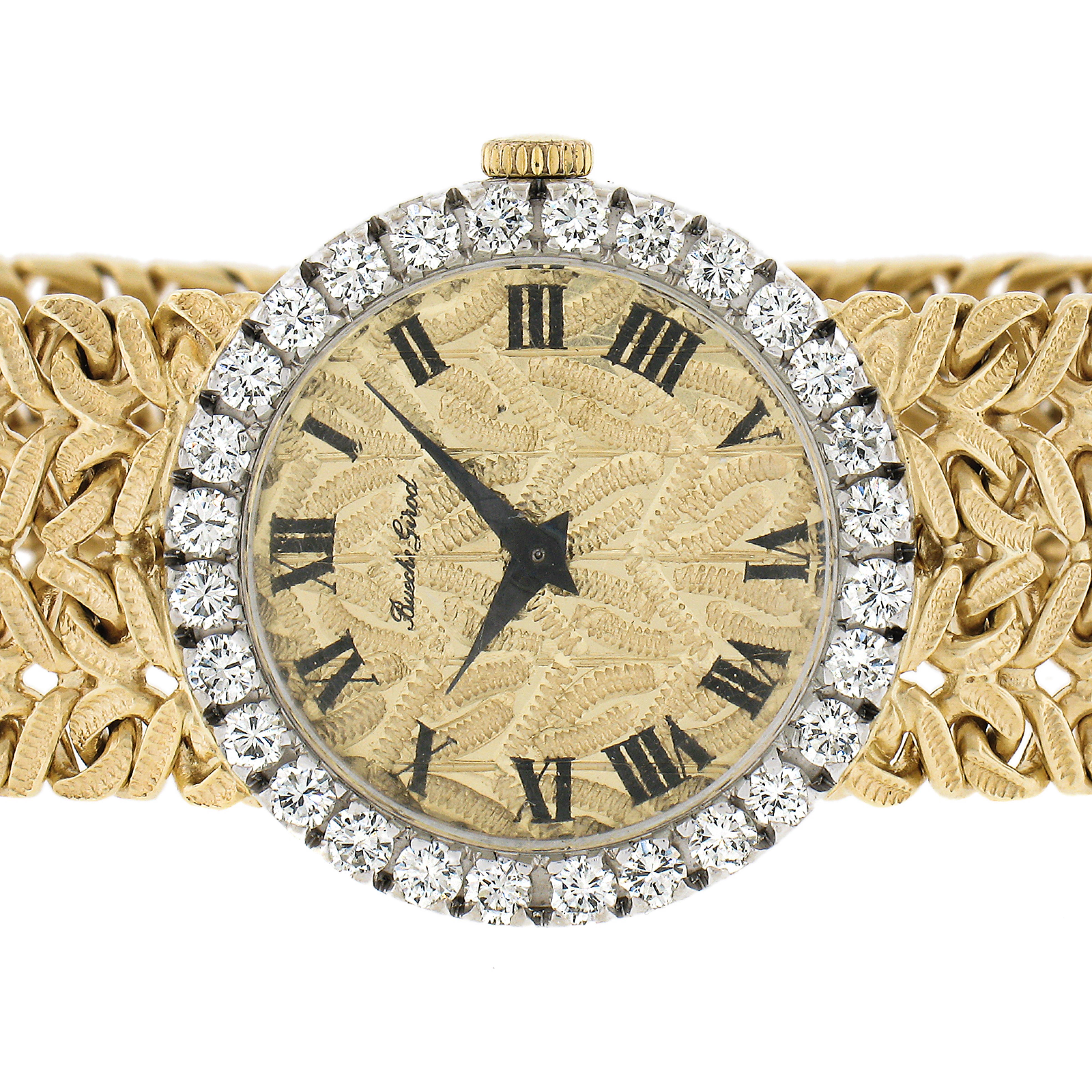 Vintage Bueche Girod 18k Gold 17j Mechanical Round Diamond Wrist Watch Bracelet For Sale 4