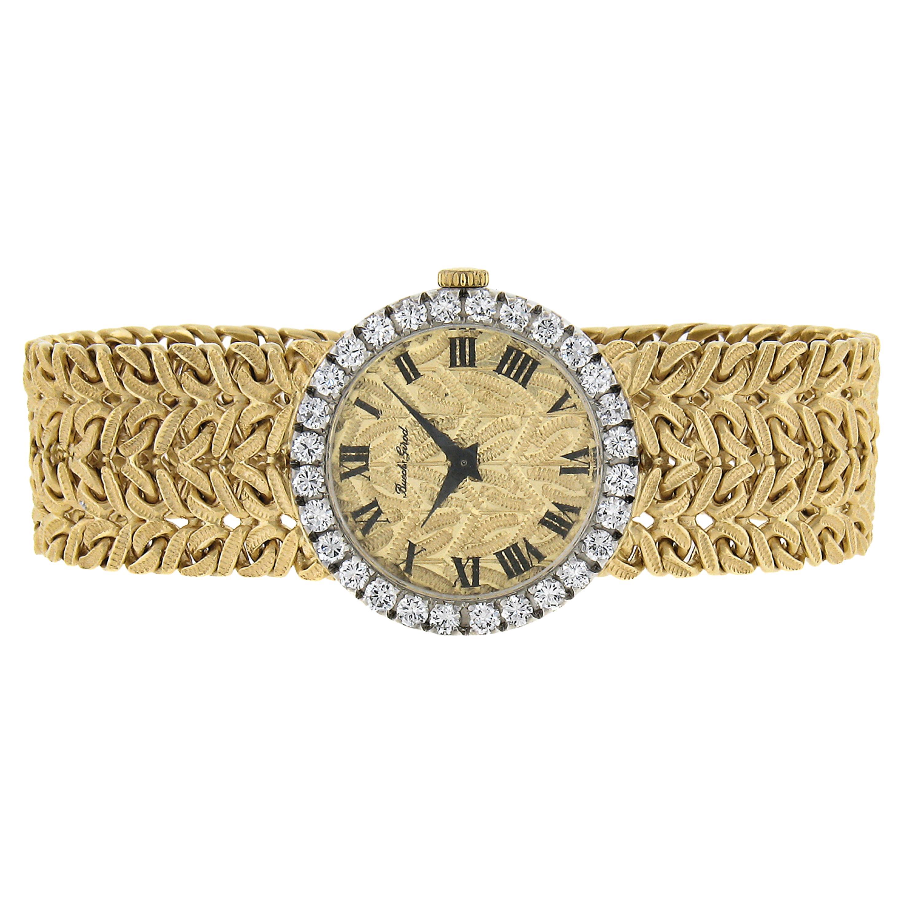 Vintage Bueche Girod 18k Gold 17j Mechanical Round Diamond Wrist Watch Bracelet For Sale