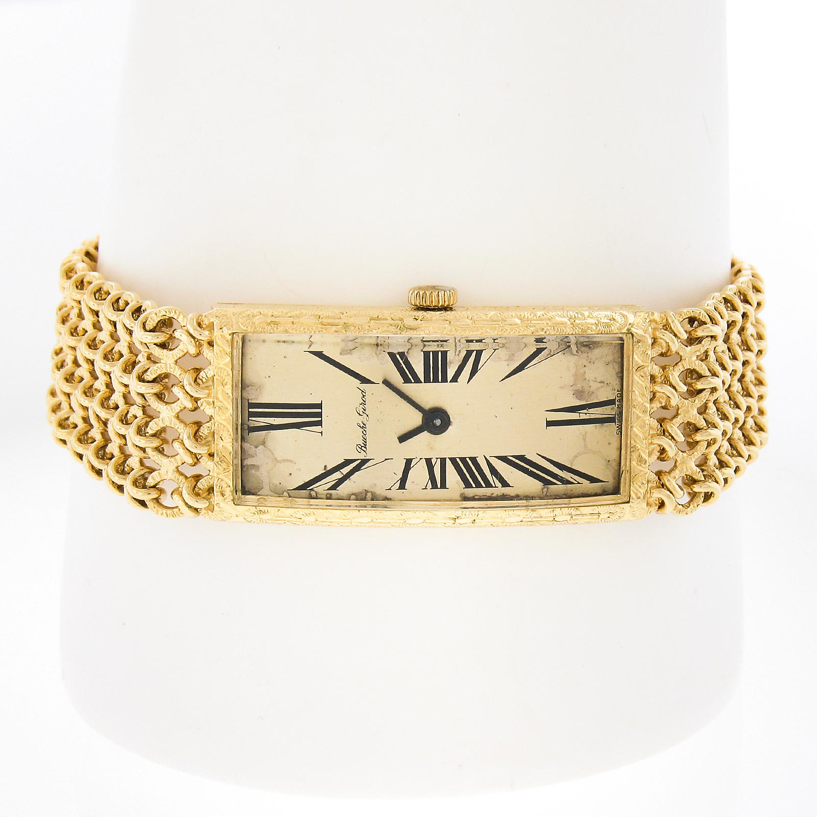 
Watchmaker: Bueche Girod
Movement: Swiss Made Hand Wound Mechanical Movement - 17 Jewels - Caliber 67
Case & Bracelet Material: Solid 18k Yellow Gold
Case Size: 35 x 17.5mm (length x width - not including crown)
Bracelet:	Textured Braided Woven