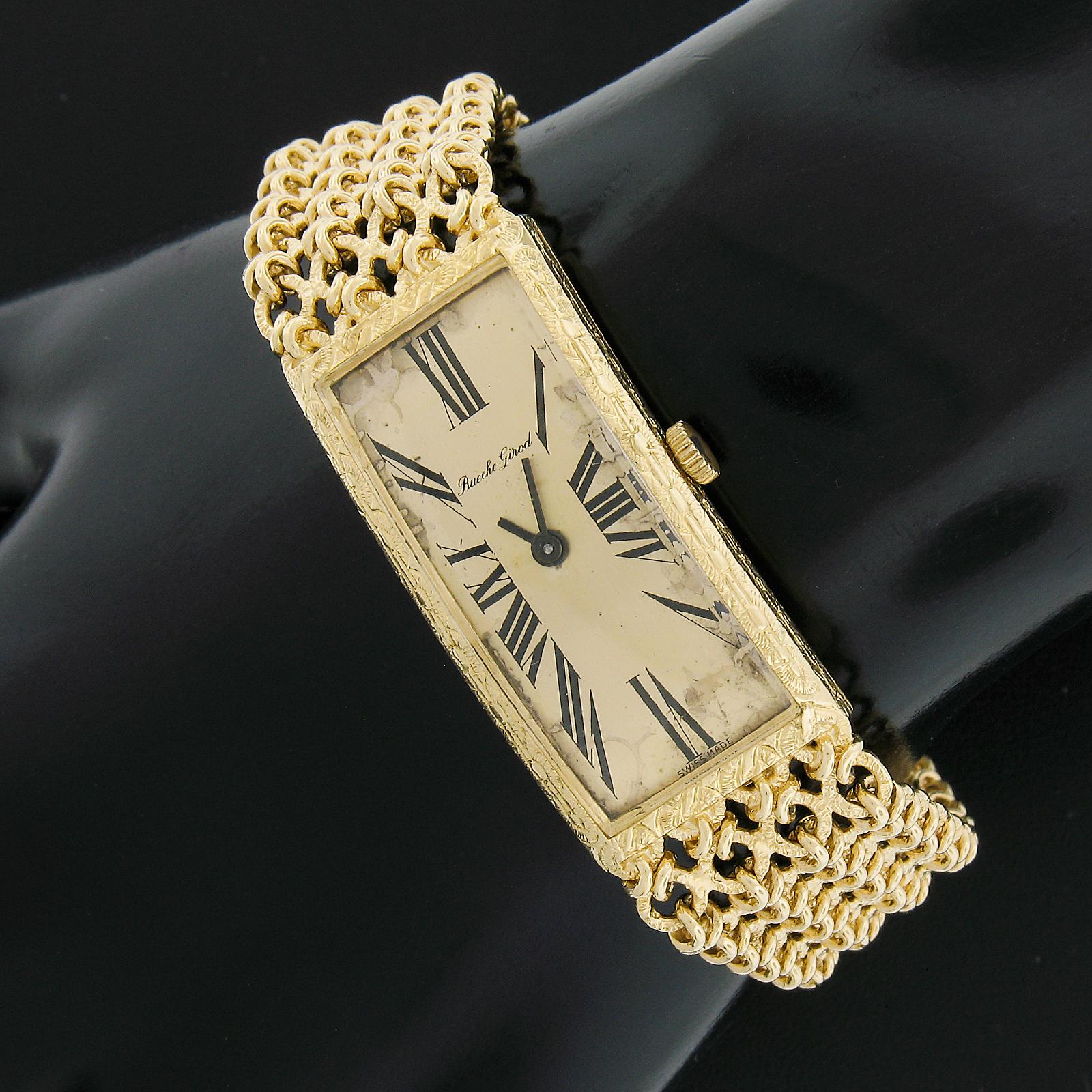 Vintage Bueche Girod Caliber 67 Rectangular Curved 18k Yellow Gold Hand Engraved In Excellent Condition For Sale In Montclair, NJ