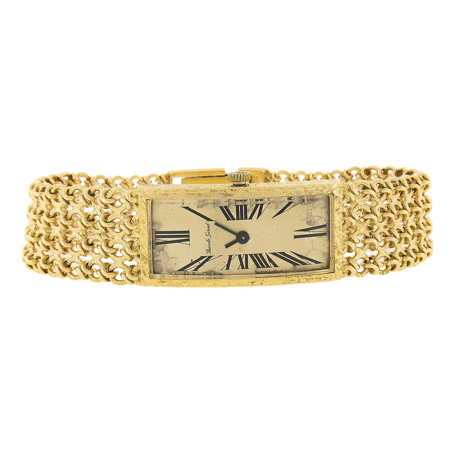 Women's Vintage Bueche Girod Caliber 67 Rectangular Curved 18k Yellow Gold Hand Engraved For Sale