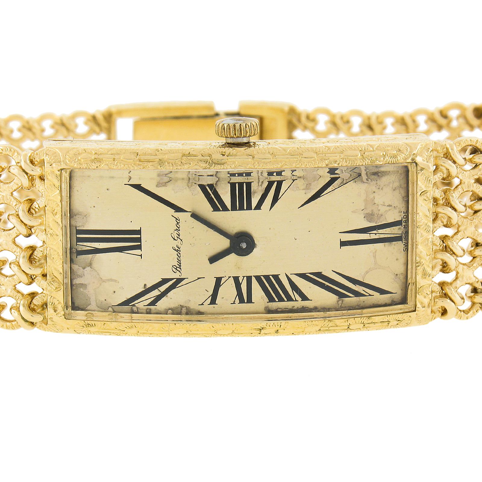 Vintage Bueche Girod Caliber 67 Rectangular Curved 18k Yellow Gold Hand Engraved For Sale 1