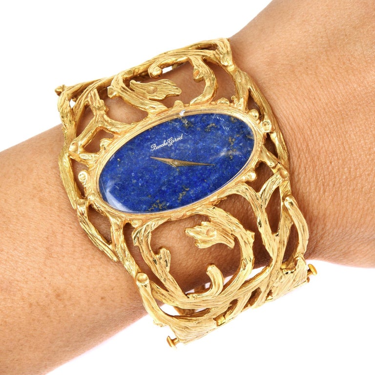 Retro Vintage Bueche Girod Lapis Lazuli 18K Yellow Gold Wide Bangle Bracelet Watch   For Sale