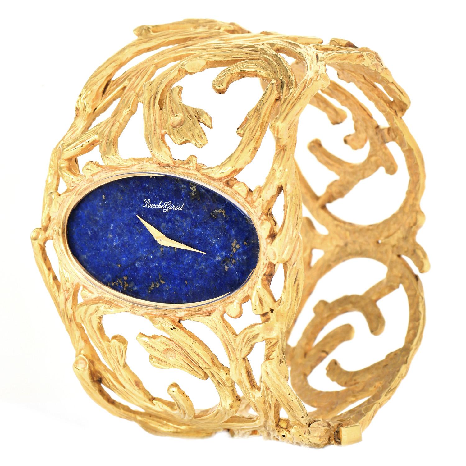 Retro Vintage Bueche Girod Lapis Lazuli 18K Yellow Gold Wide Bangle Bracelet Watch  
