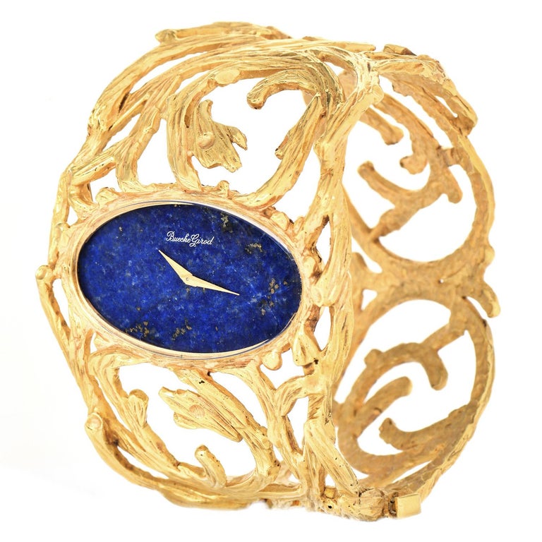Oval Cut Vintage Bueche Girod Lapis Lazuli 18K Yellow Gold Wide Bangle Bracelet Watch   For Sale