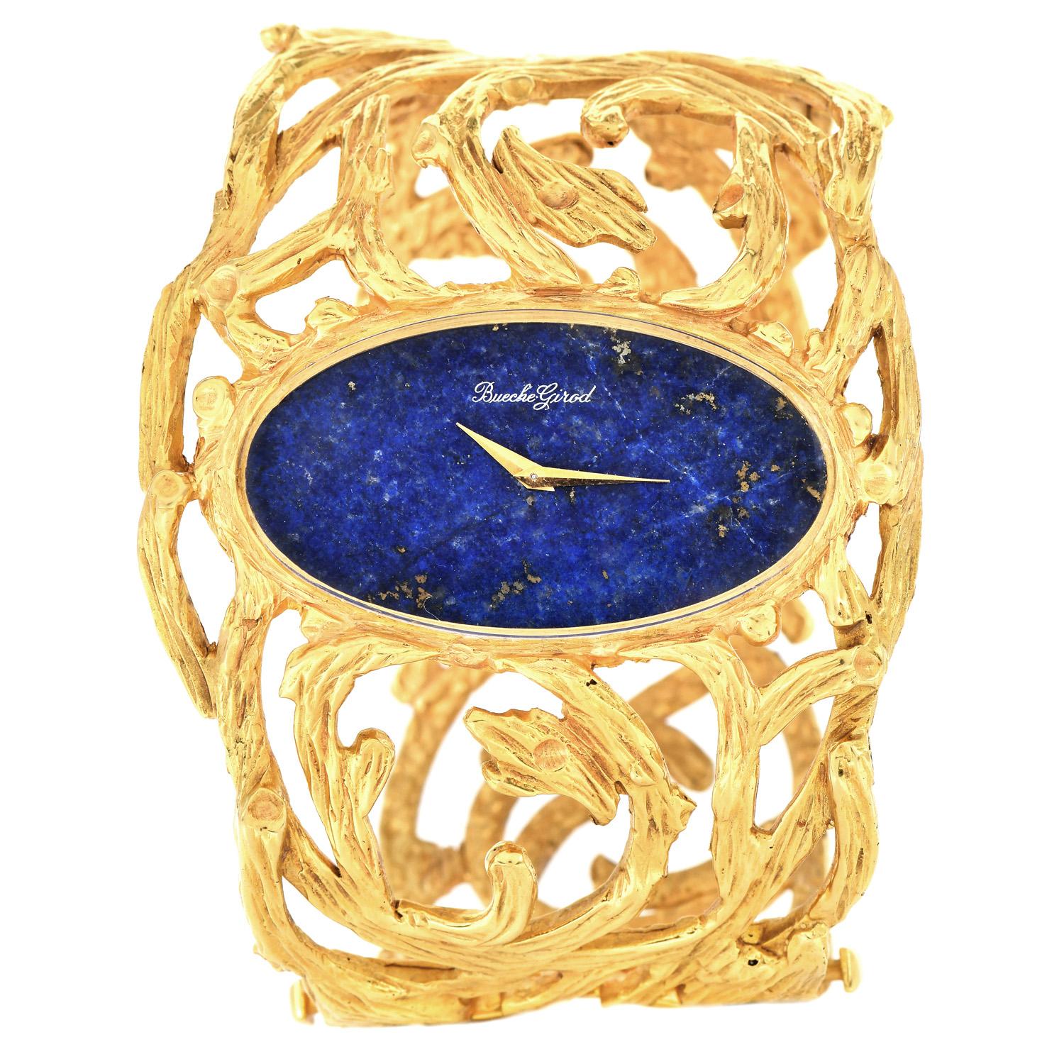 Oval Cut Vintage Bueche Girod Lapis Lazuli 18K Yellow Gold Wide Bangle Bracelet Watch  