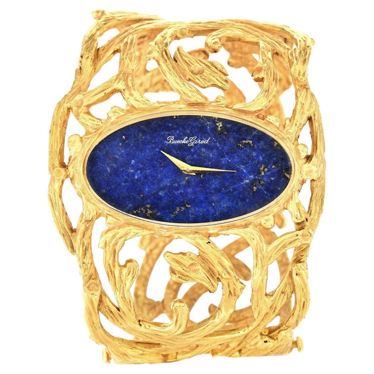 Vintage Bueche Girod Lapis Lazuli 18K Yellow Gold Wide Bangle Bracelet Watch   For Sale