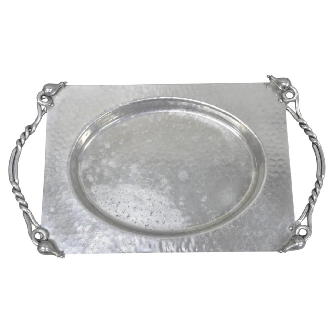 Vintage Buenilum Art Nouveau Hand Hammered Aluminum Serving Tray w Tulip Handles